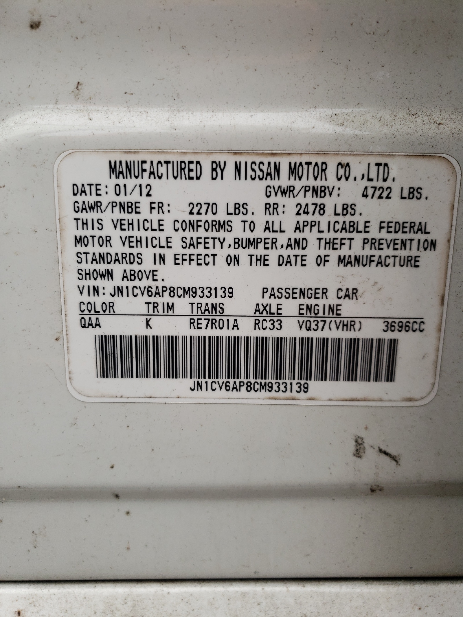 Photo 11 from auction – 2012 INFINITI G37 BASE with VIN JN1CV6AP8CM933139