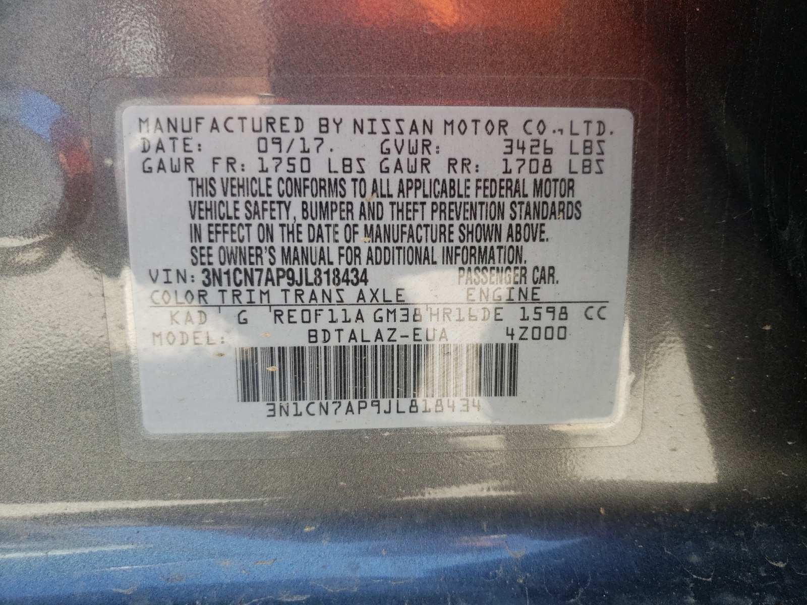 Photo 10 from auction – 2018 NISSAN VERSA S with VIN 3N1CN7AP9JL818434