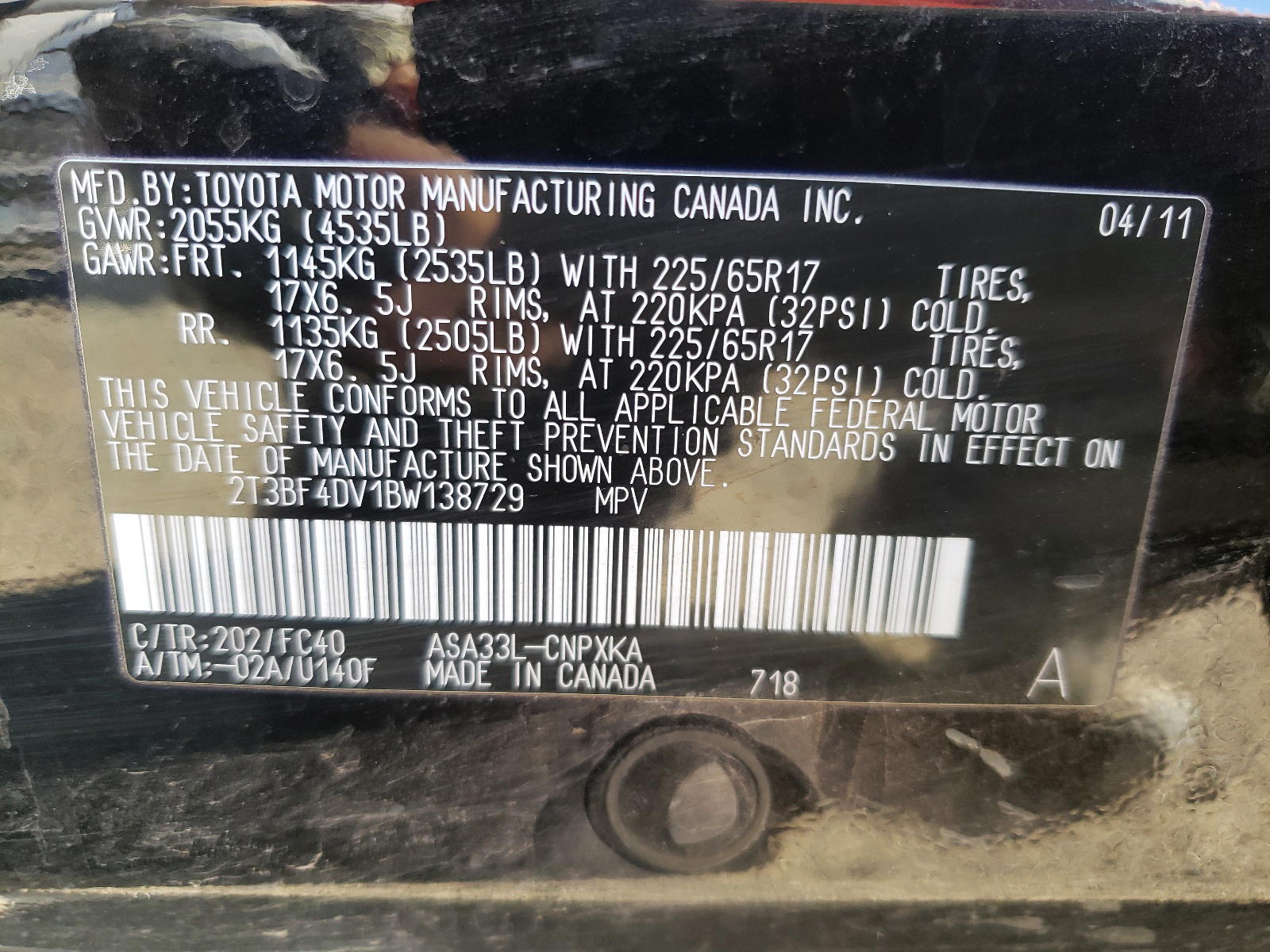 Photo 10 from auction – 2011 TOYOTA RAV4 with VIN 2T3BF4DV1BW138729