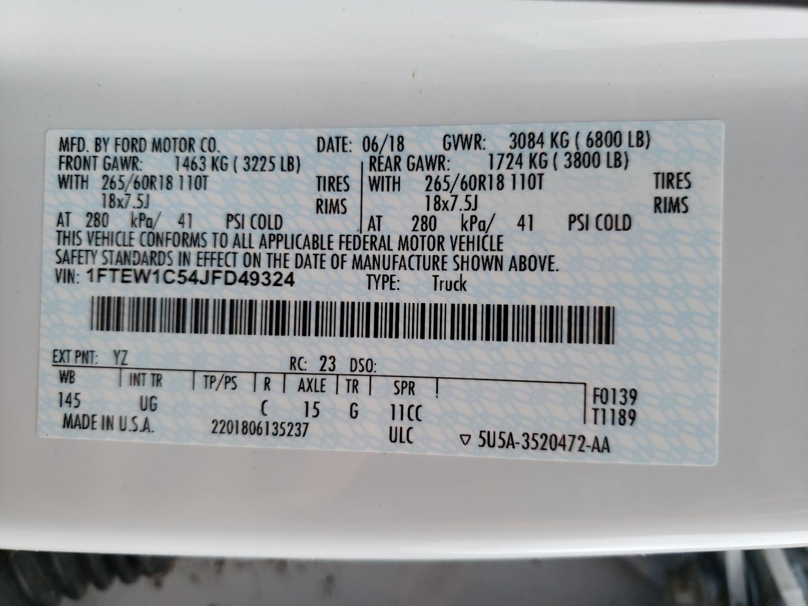 Photo 10 from auction – 2018 FORD F150 SUPER with VIN 1FTEW1C54JFD49324