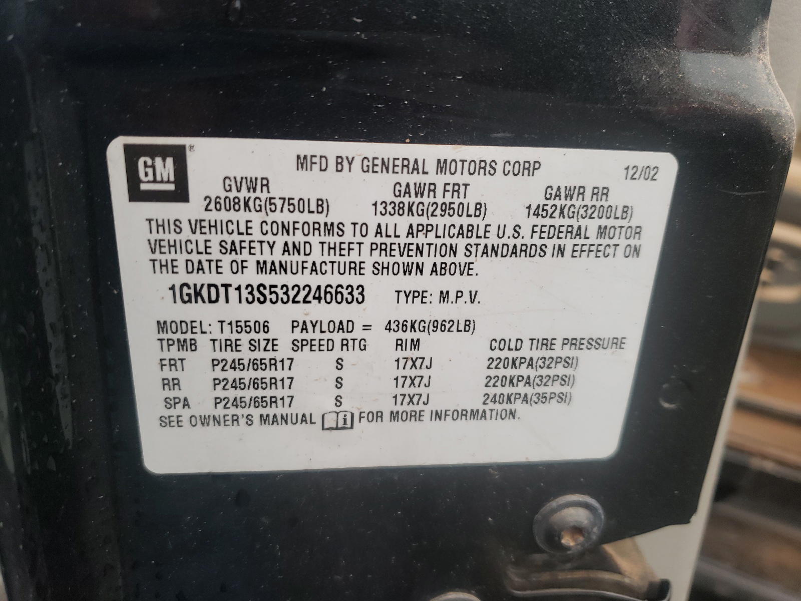 Photo 10 from auction – 2003 GMC ENVOY with VIN 1GKDT13S532246633