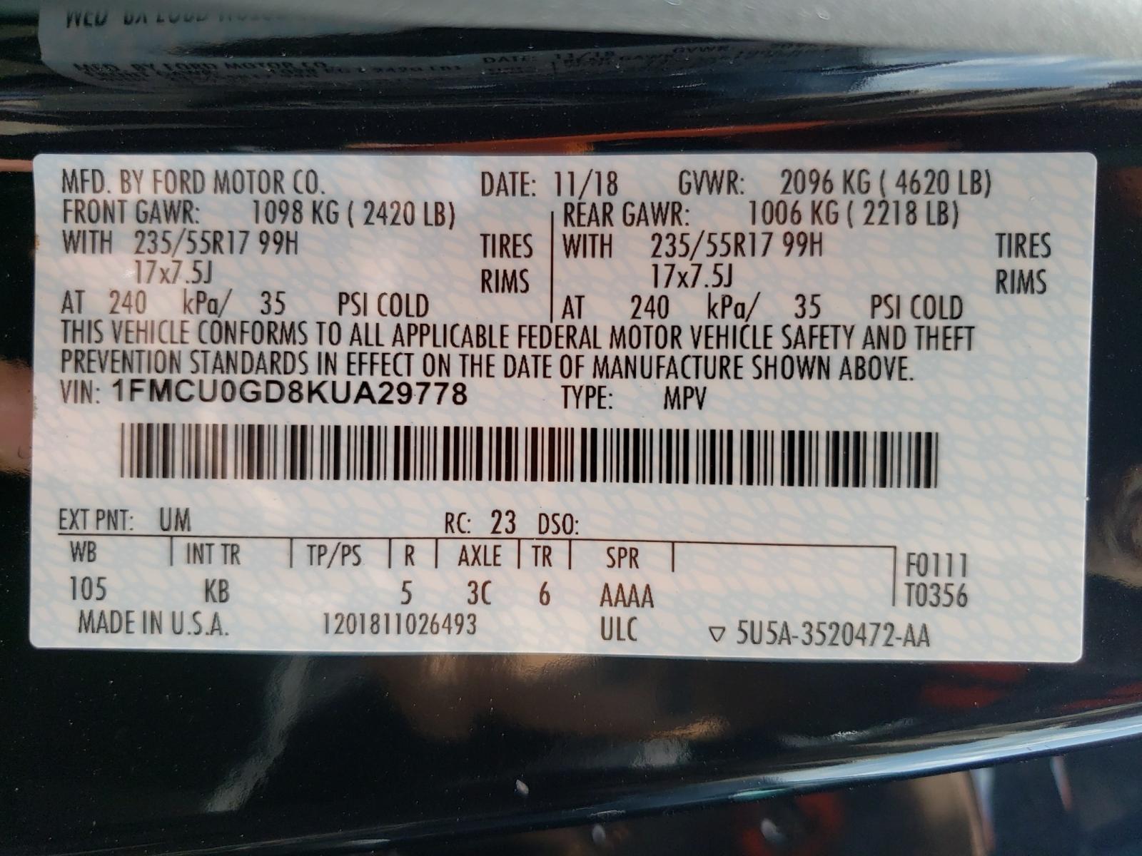 Photo 10 from auction – 2019 FORD ESCAPE SE with VIN 1FMCU0GD8KUA29778