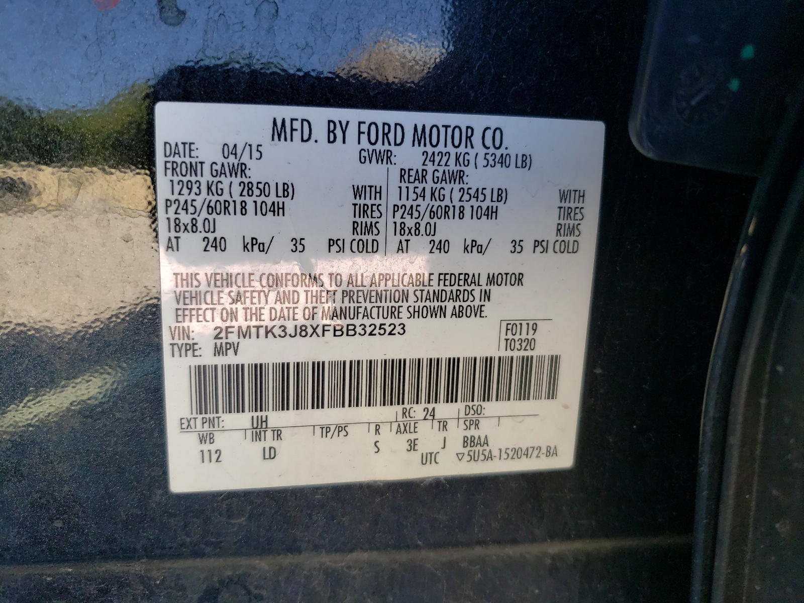 Photo 10 from auction – 2015 FORD EDGE SEL with VIN 2FMTK3J8XFBB32523