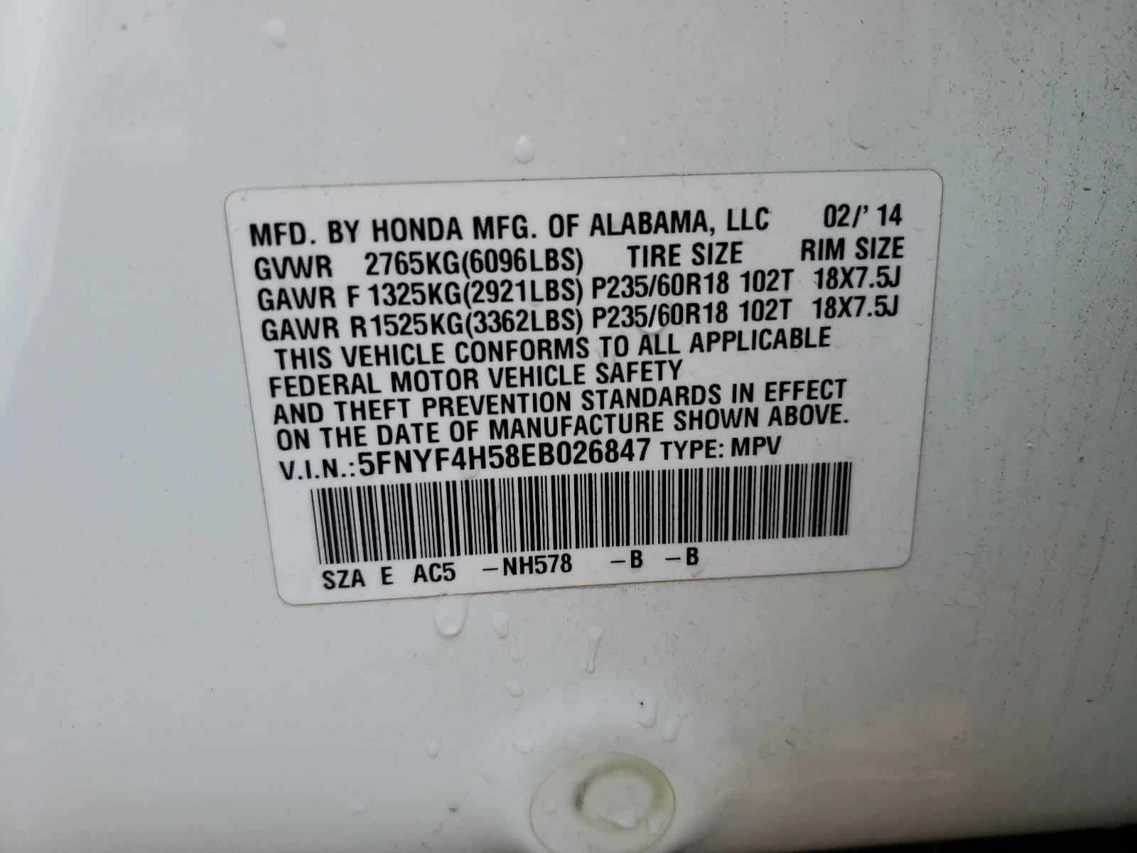 Photo 10 from auction – 2014 HONDA PILOT EXL with VIN 5FNYF4H58EB026847