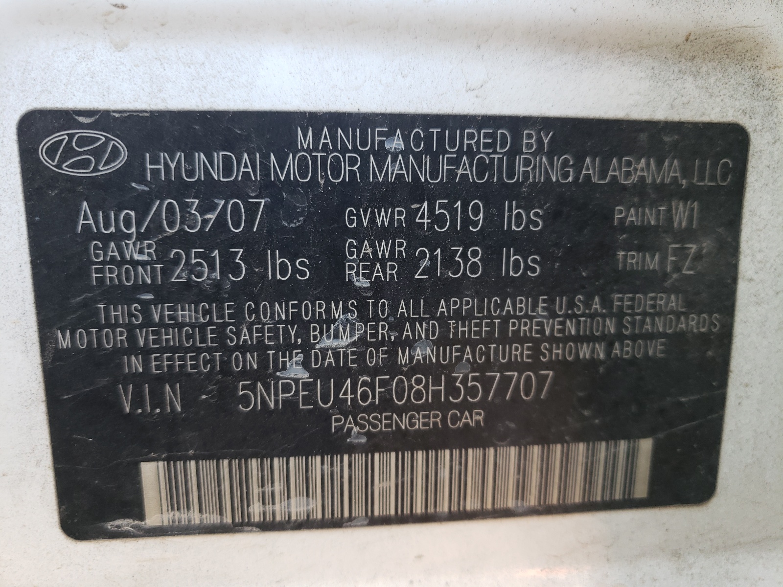 Photo 10 from auction – 2008 HYUNDAI SONATA GL with VIN 5NPEU46F08H357707