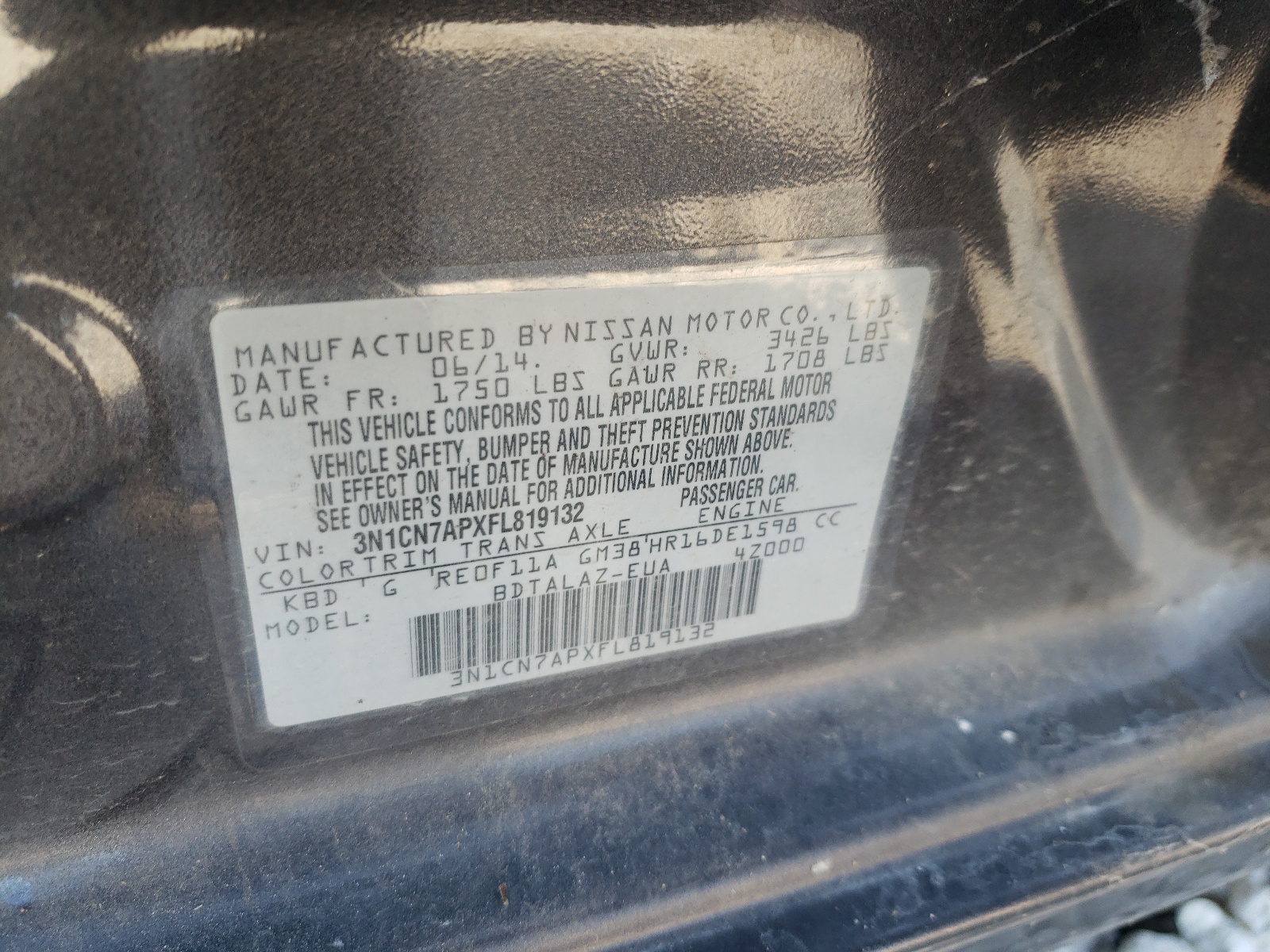 Photo 10 from auction – 2015 NISSAN VERSA S with VIN 3N1CN7APXFL819132