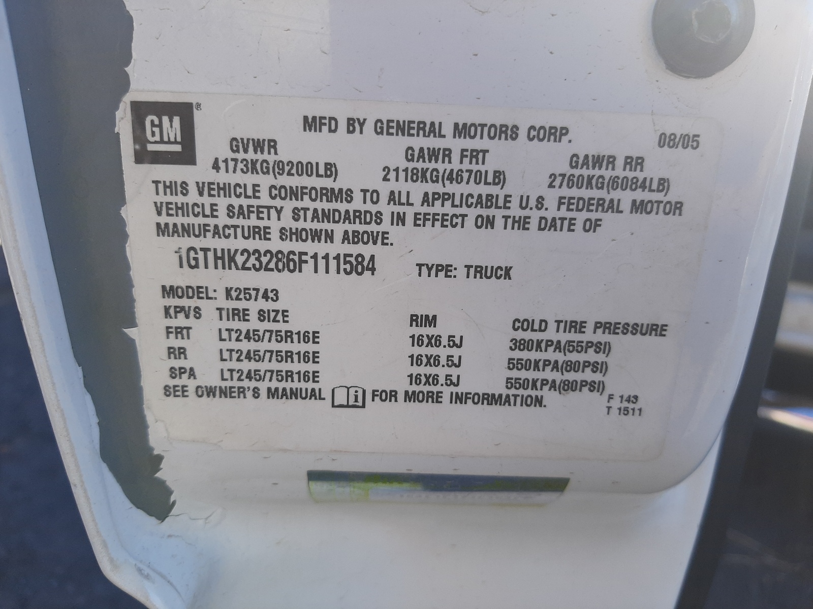 Photo 10 from auction – 2006 GMC SIERRA K25 with VIN 1GTHK23286F111584