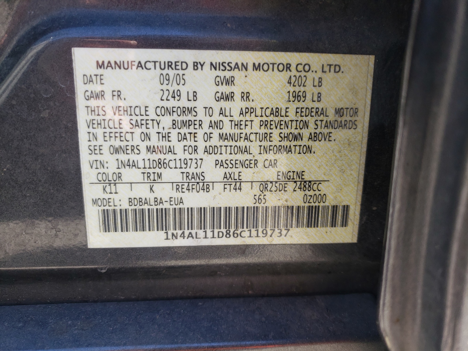 Photo 10 from auction – 2006 NISSAN ALTIMA S with VIN 1N4AL11D86C119737