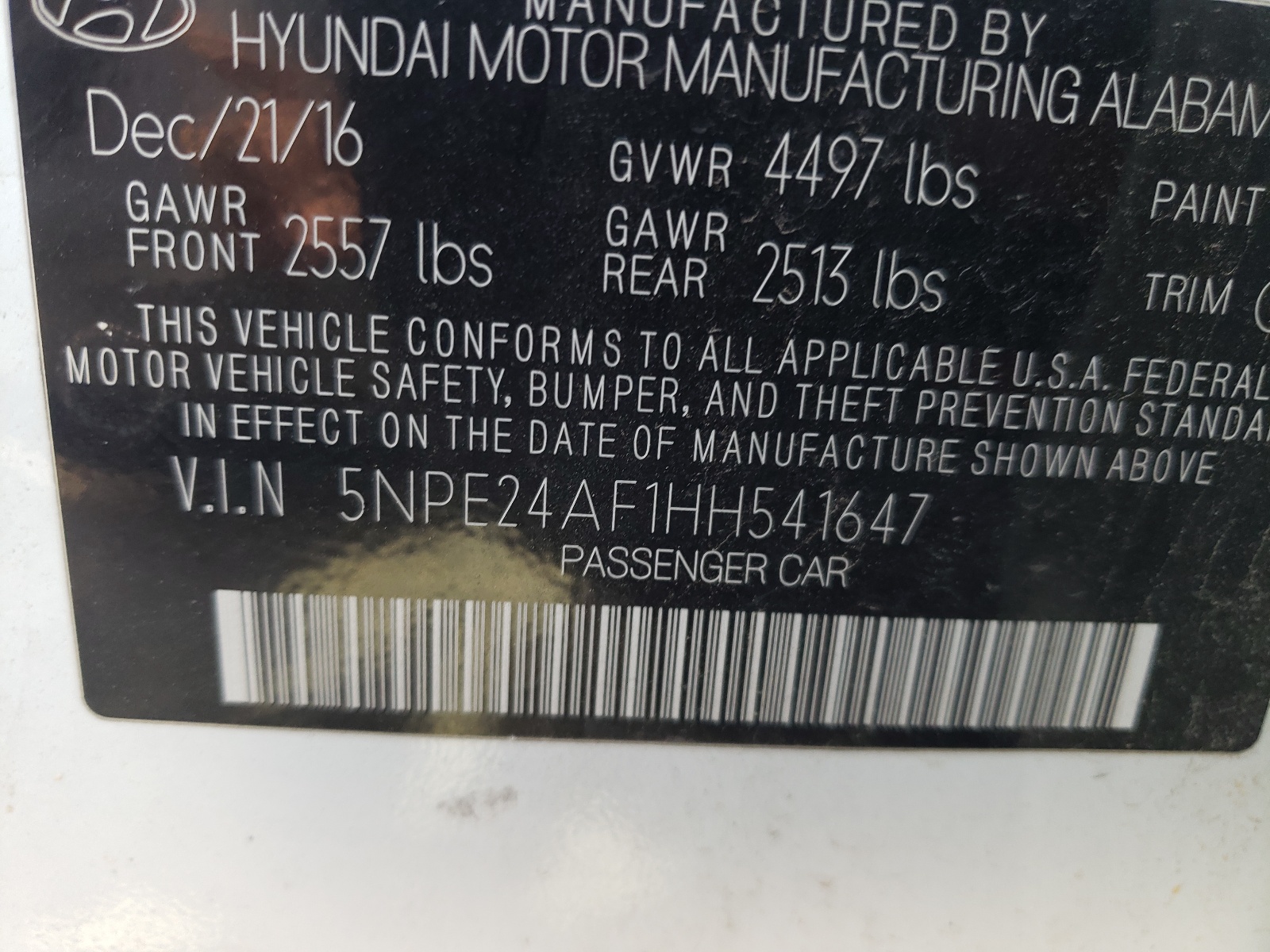 Photo 10 from auction – 2017 HYUNDAI SONATA SE with VIN 5NPE24AF1HH541647