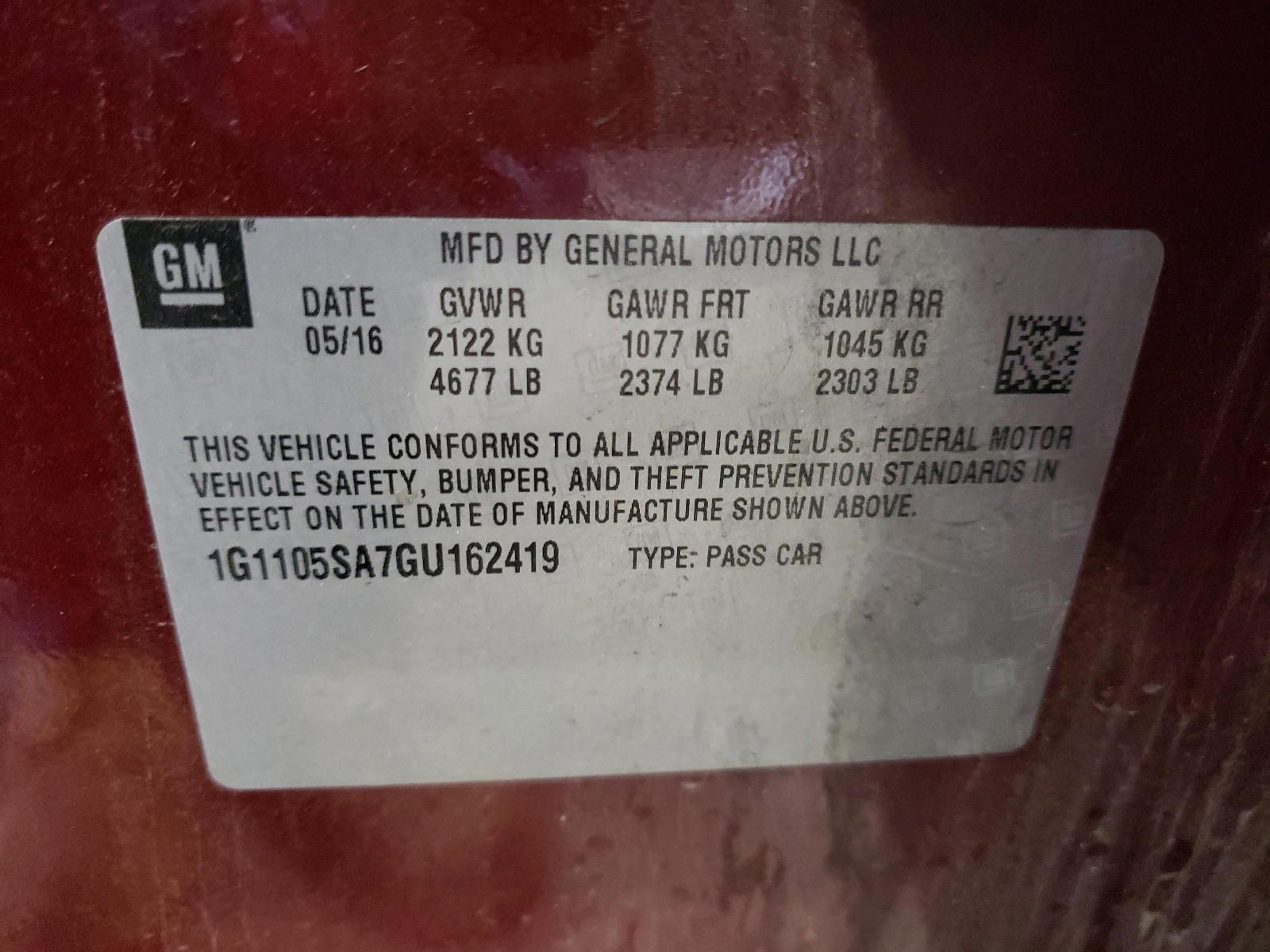 Photo 10 from auction – 2016 CHEVROLET IMPALA LT with VIN 1G1105SA7GU162419