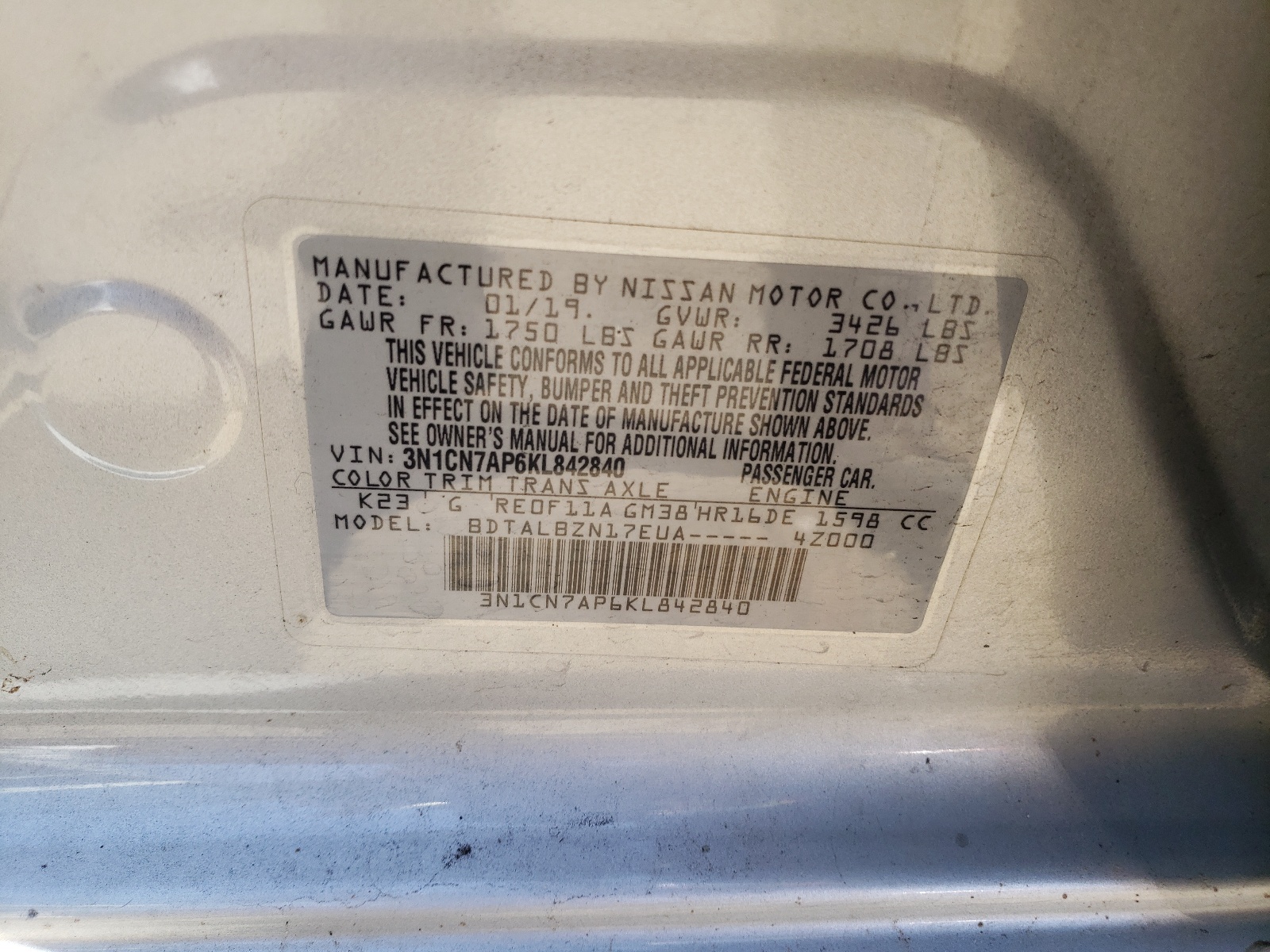 Photo 10 from auction – 2019 NISSAN VERSA S with VIN 3N1CN7AP6KL842840
