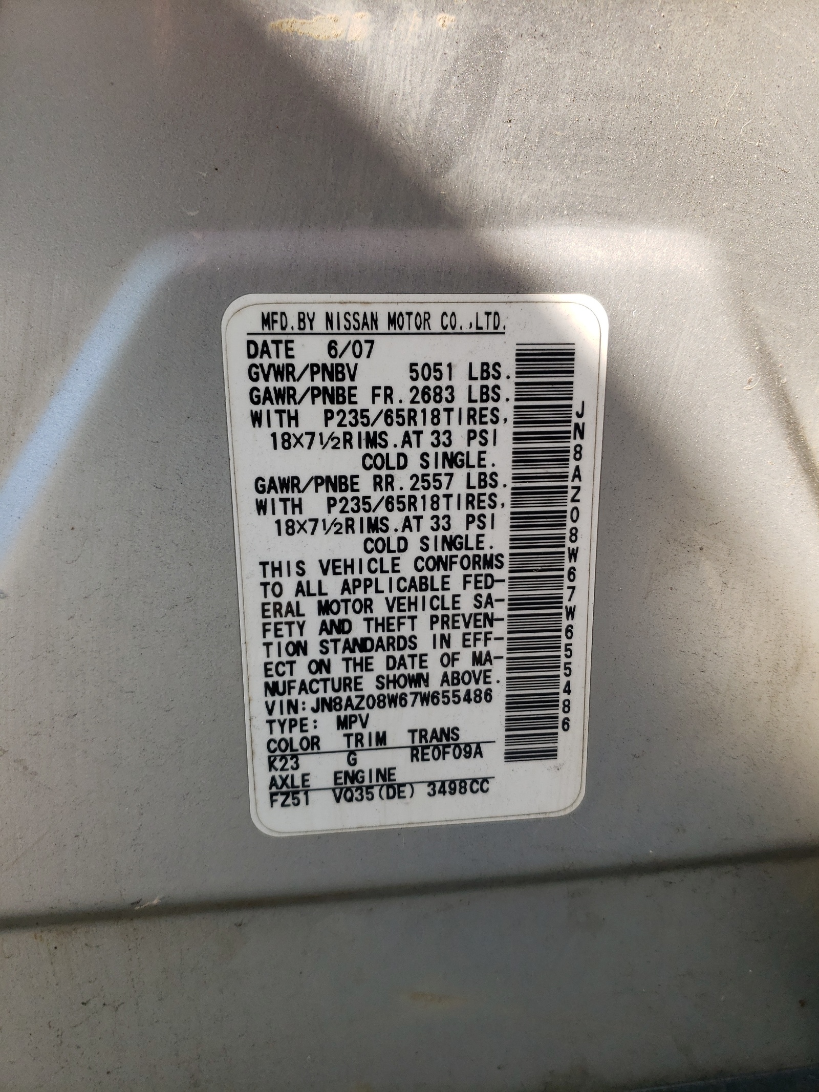Photo 10 from auction – 2007 NISSAN MURANO SL with VIN JN8AZ08W67W655486