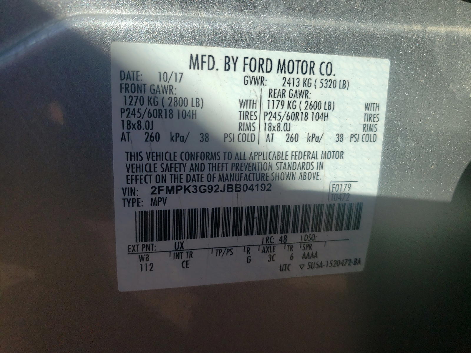 Photo 10 from auction – 2018 FORD EDGE SE with VIN 2FMPK3G92JBB04192