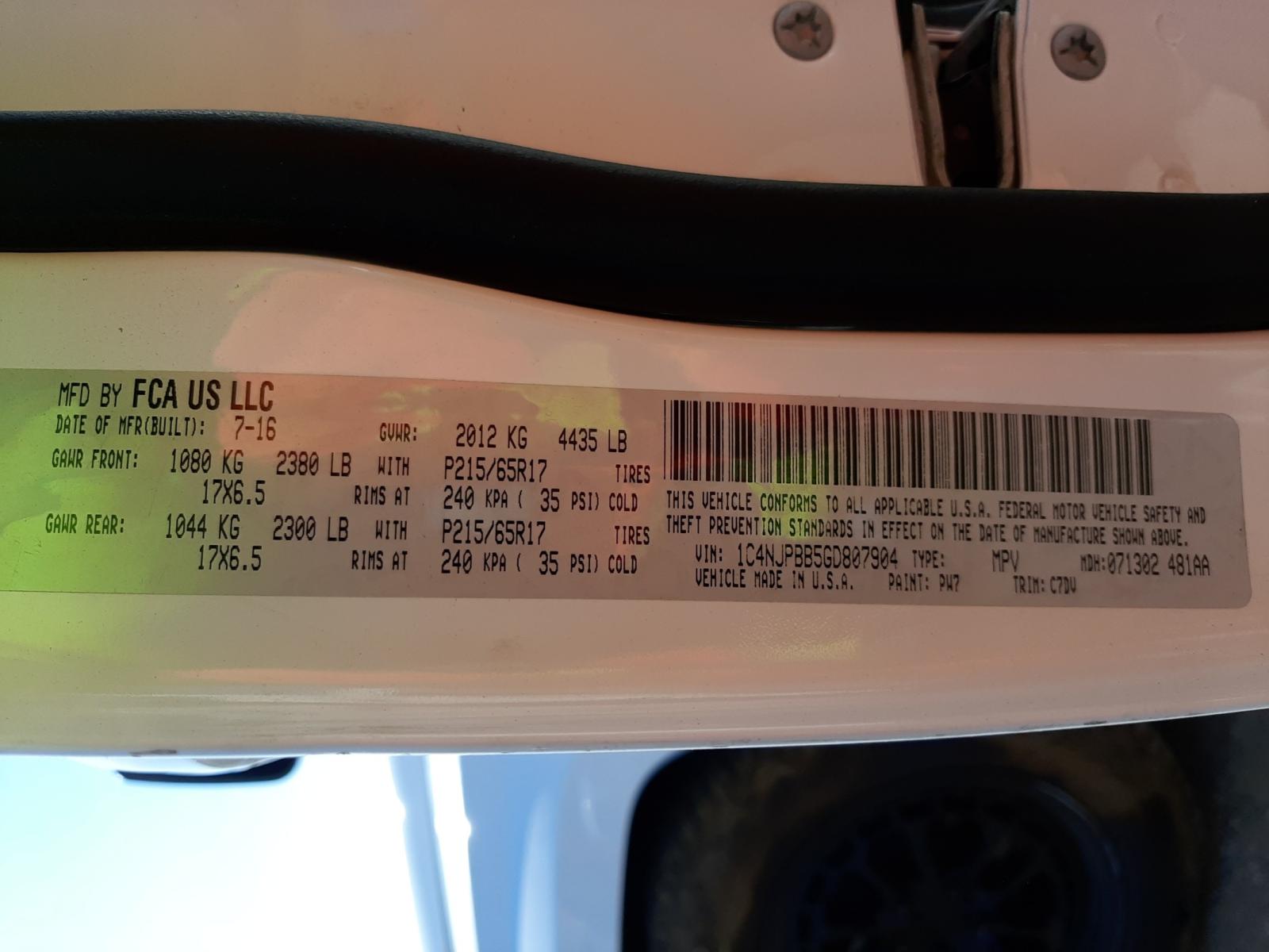 Photo 10 from auction – 2016 JEEP PATRIOT SP with VIN 1C4NJPBB5GD807904