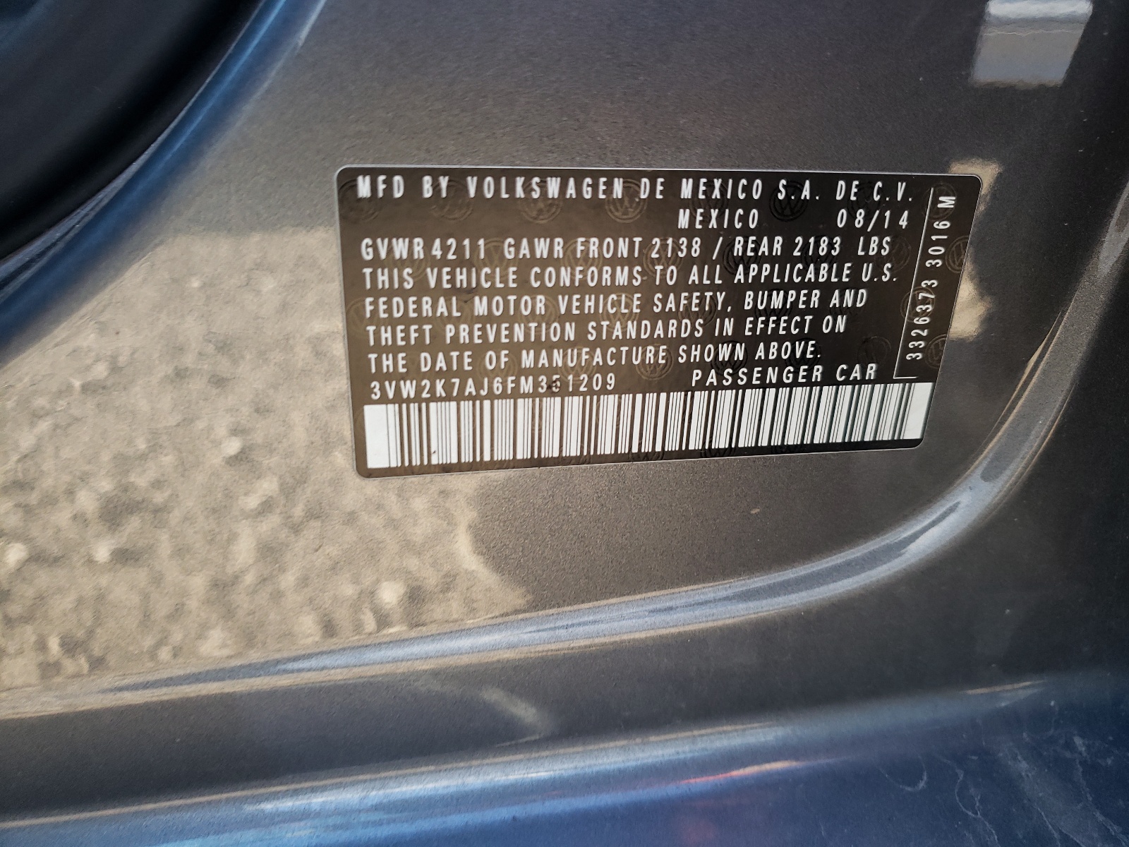 Photo 10 from auction – 2015 VOLKSWAGEN JETTA BASE with VIN 3VW2K7AJ6FM351209