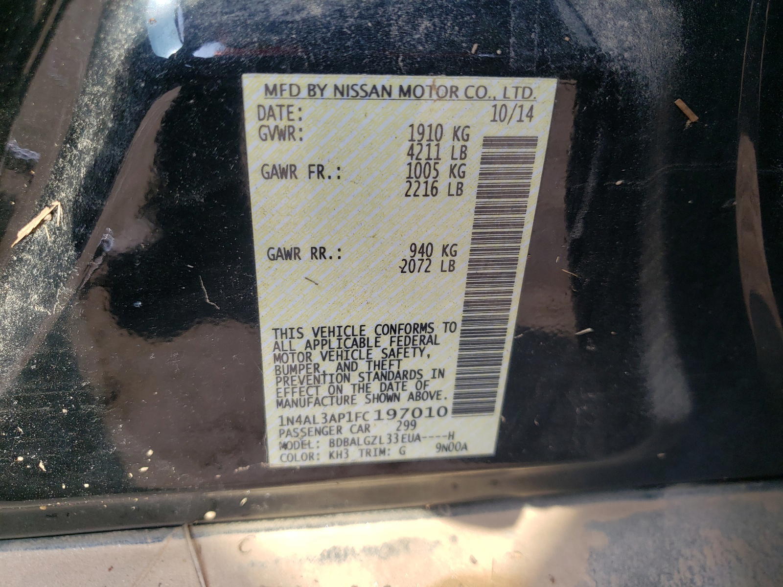 Photo 10 from auction – 2015 NISSAN ALTIMA with VIN 1N4AL3AP1FC197010