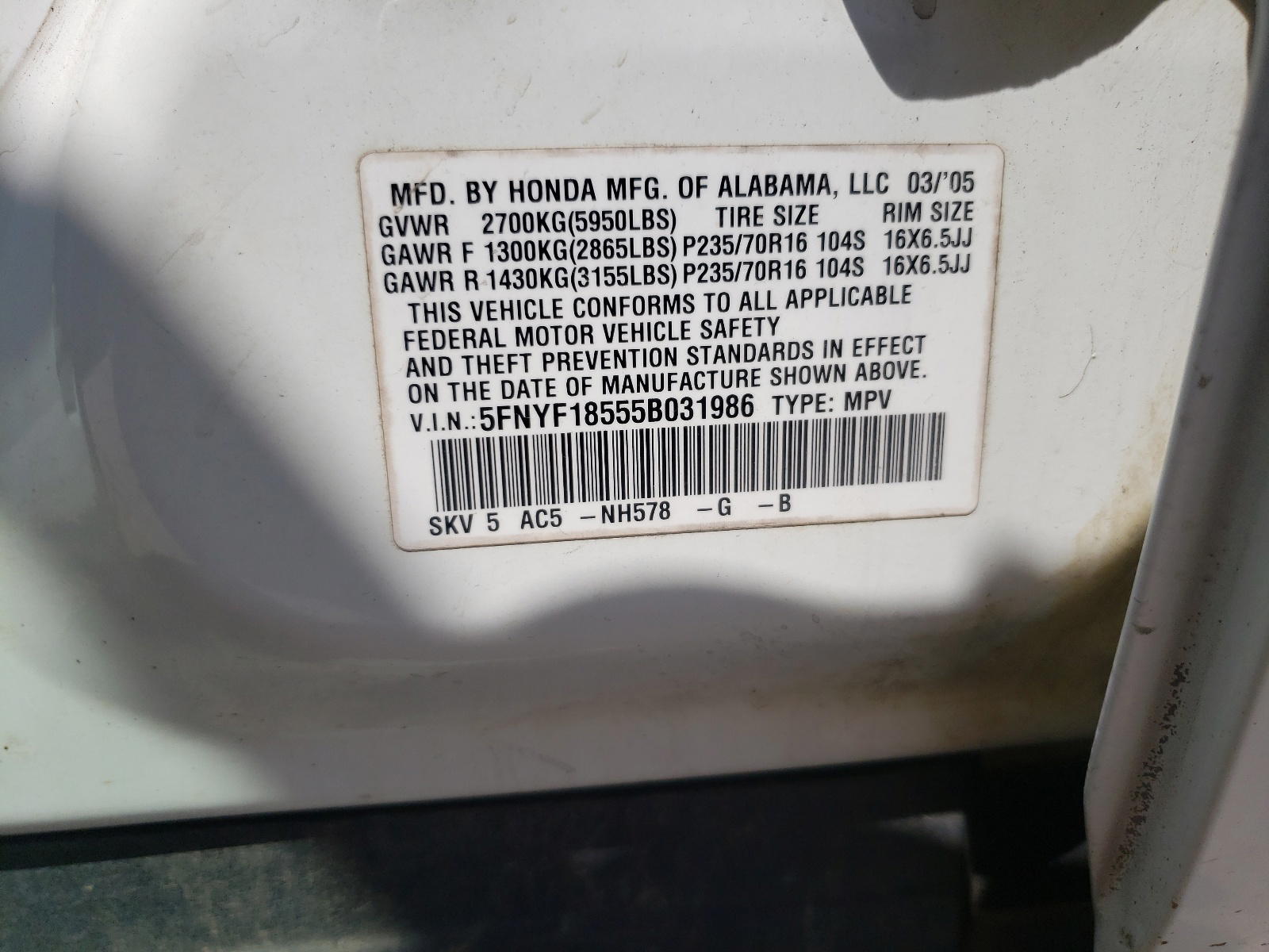 Photo 10 from auction – 2005 HONDA PILOT EXL with VIN 5FNYF18555B031986
