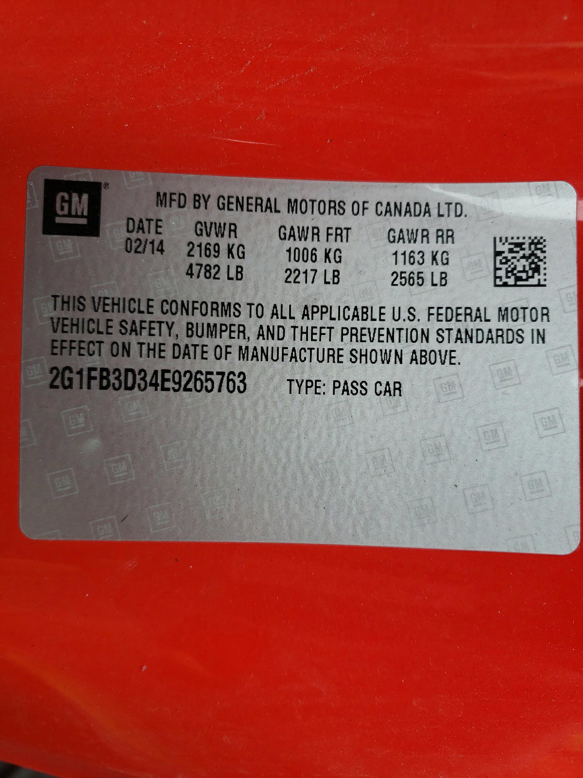 Photo 10 from auction – 2014 CHEVROLET CAMARO LT with VIN 2G1FB3D34E9265763