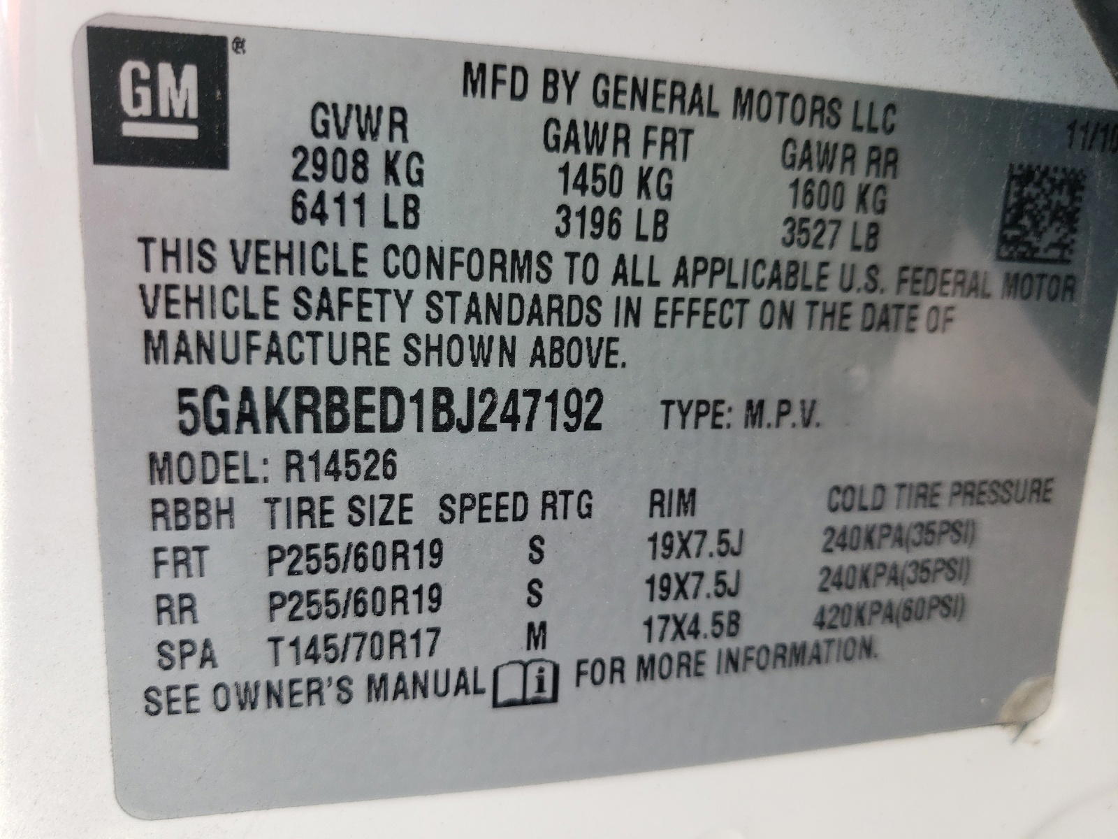 Photo 10 from auction – 2011 BUICK ENCLAVE CX with VIN 5GAKRBED1BJ247192