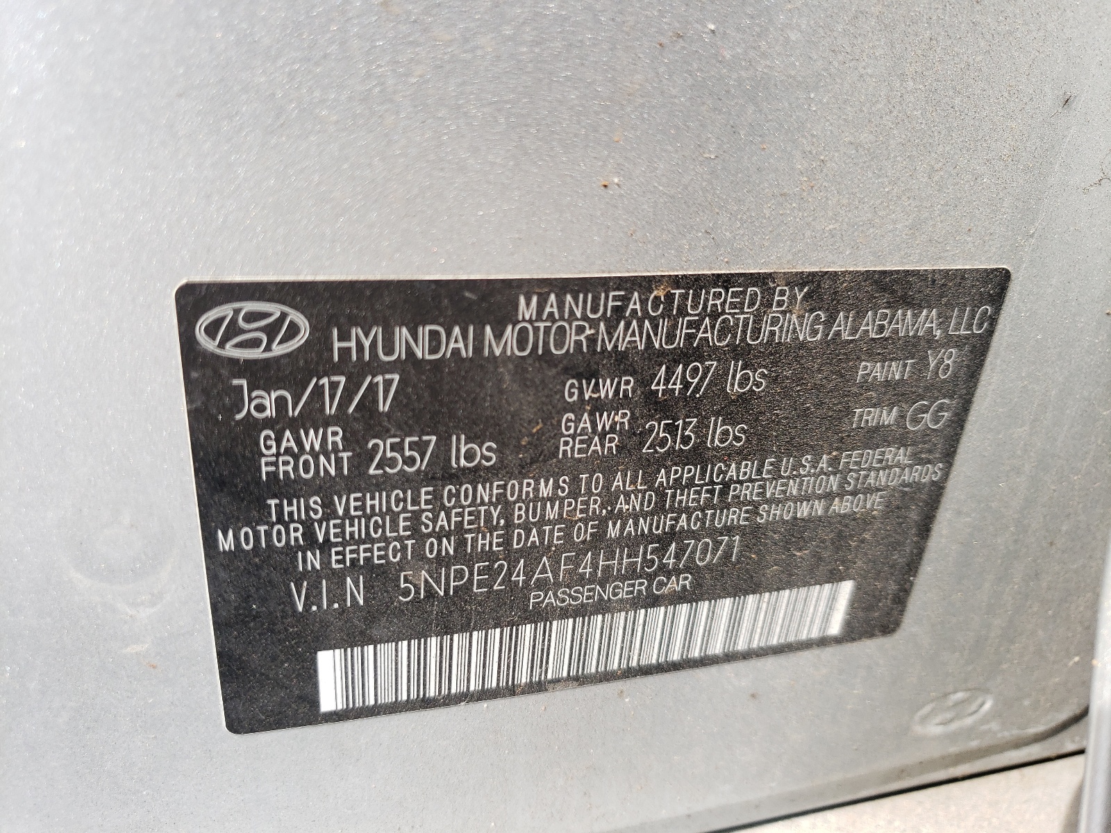 Photo 10 from auction – 2017 HYUNDAI SONATA SE with VIN 5NPE24AF4HH547071