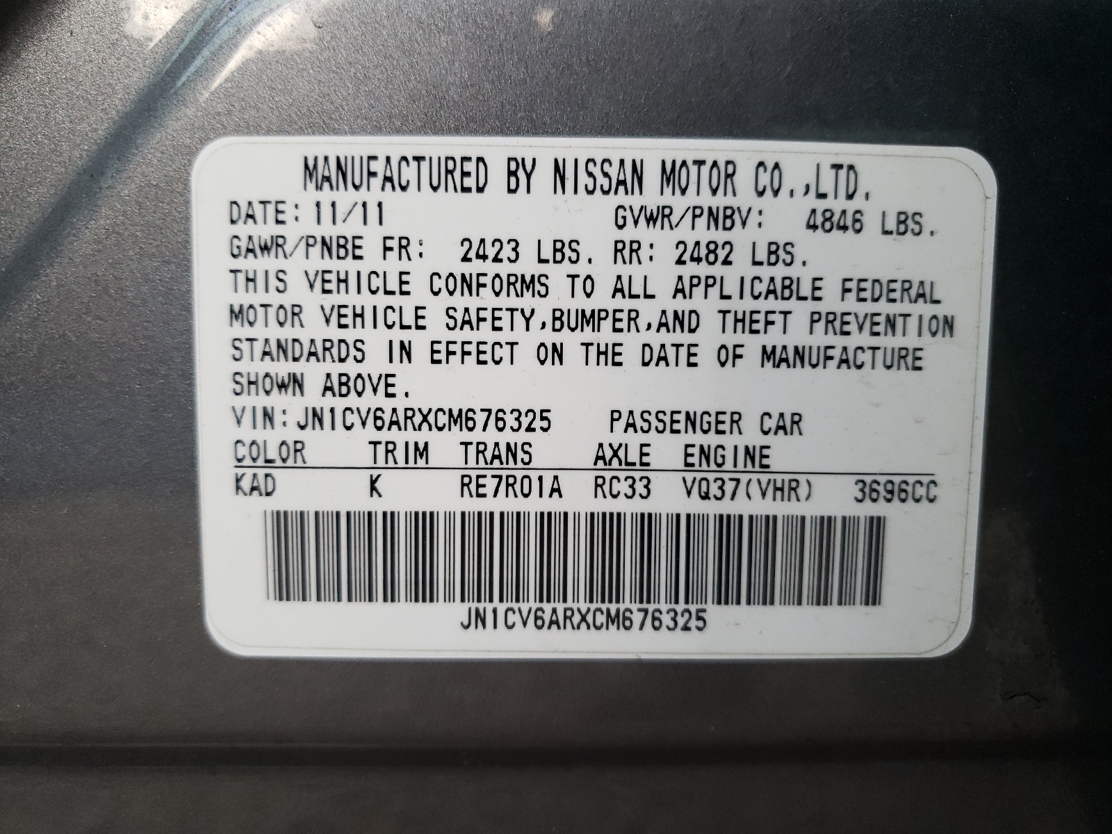 Photo 10 from auction – 2012 INFINITI G37 X with VIN JN1CV6ARXCM676325