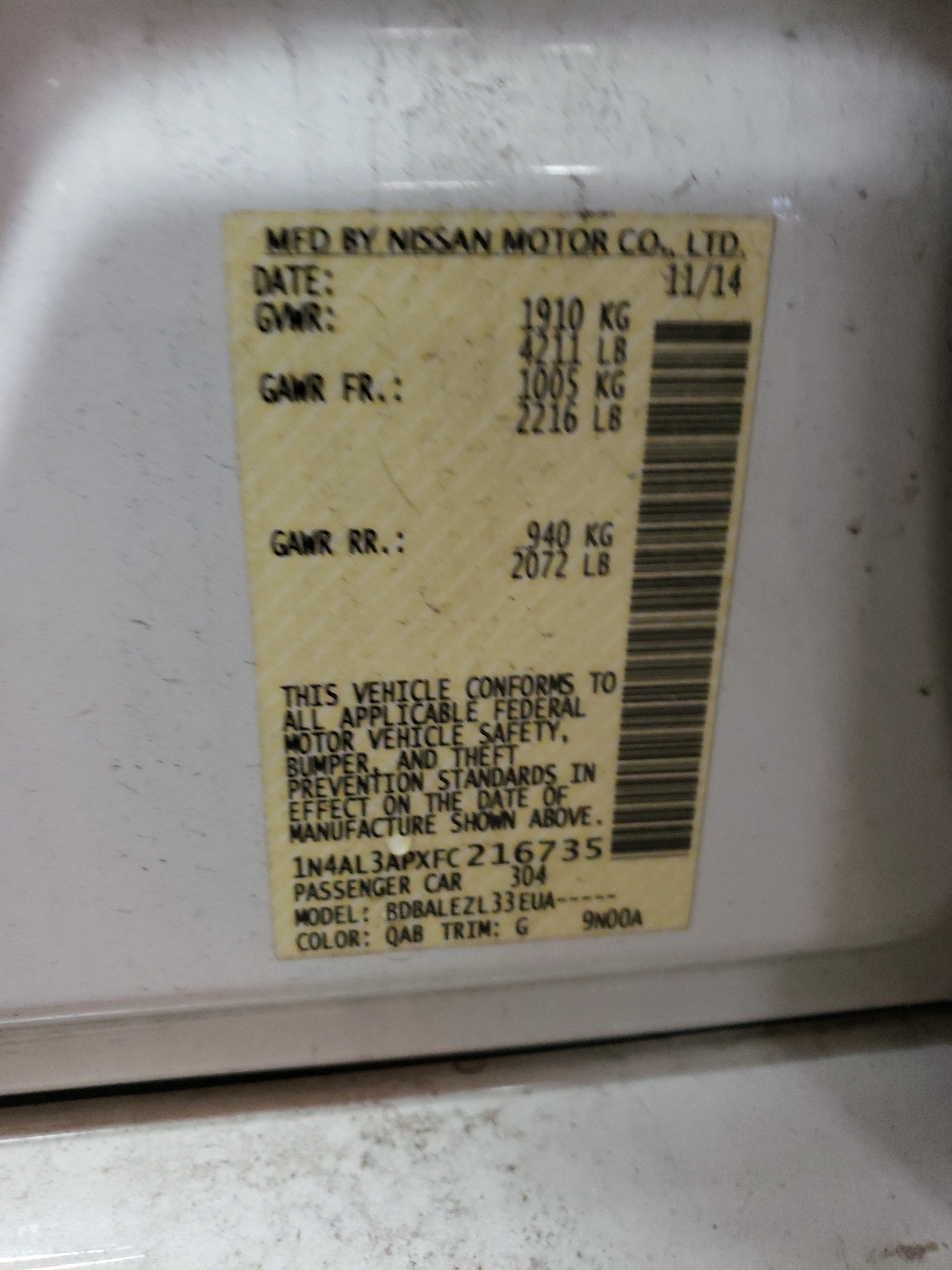 Photo 10 from auction – 2015 NISSAN ALTIMA 2.5 with VIN 1N4AL3APXFC216735