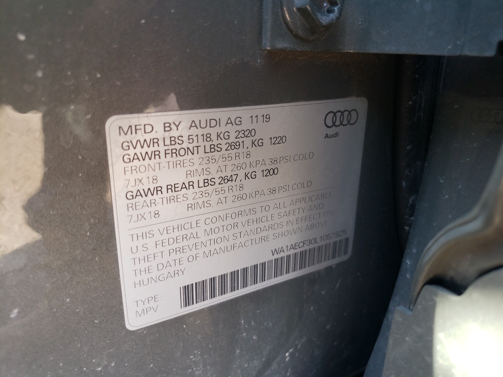 Photo 10 from auction – 2020 AUDI Q3 PREMIUM with VIN WA1AECF30L1052925