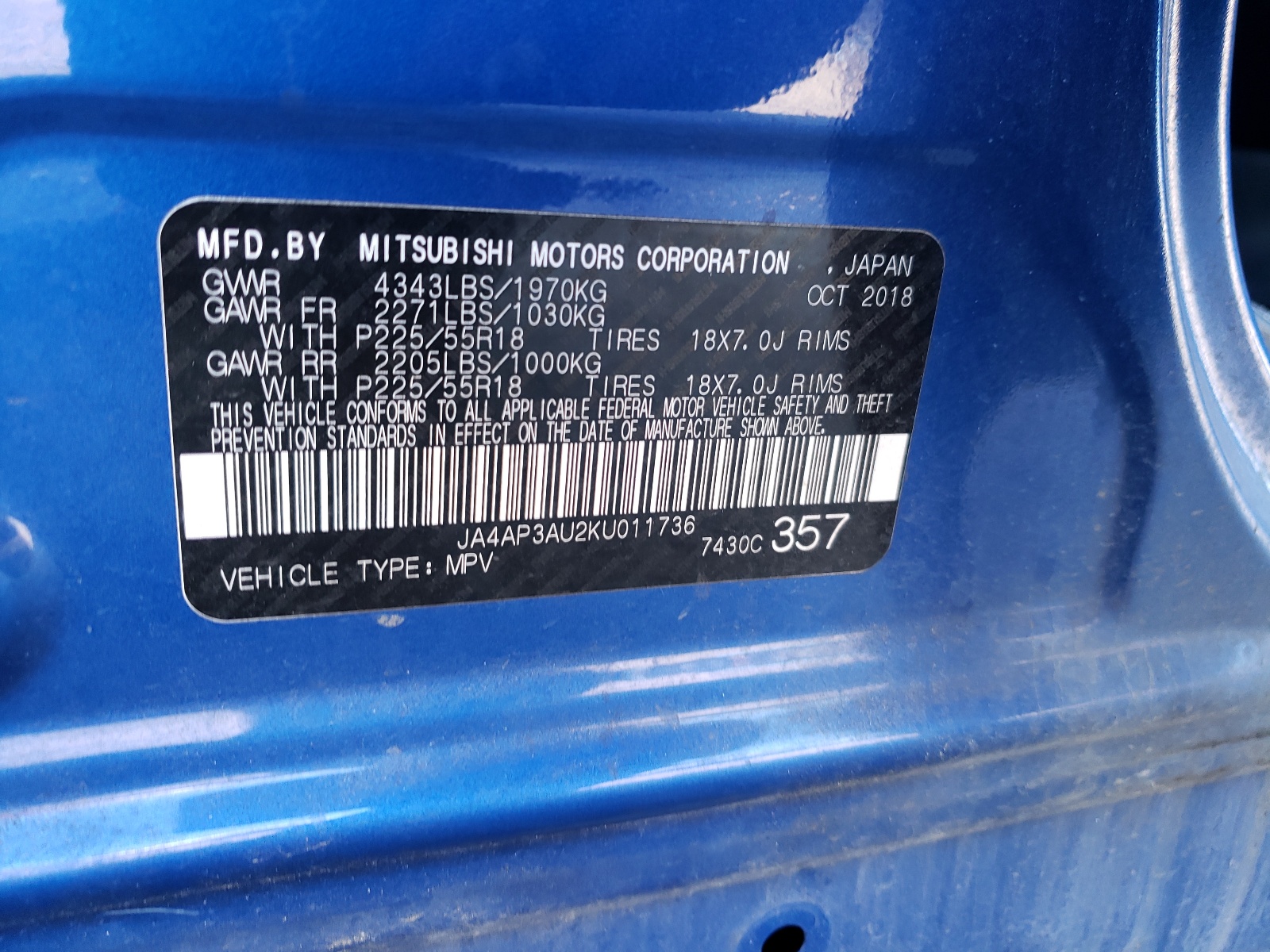 Photo 10 from auction – 2019 MITSUBISHI OUTLANDER with VIN JA4AP3AU2KU011736