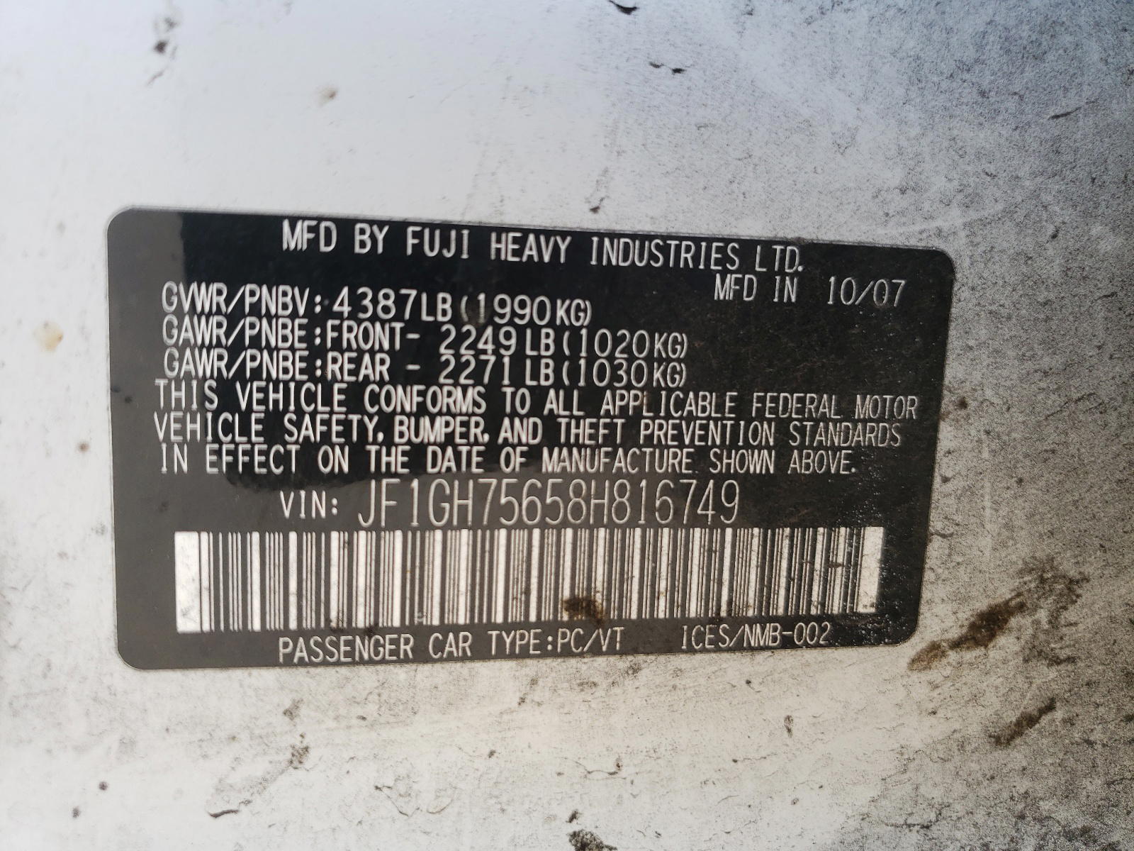 Photo 10 from auction – 2008 SUBARU IMPREZA WR with VIN JF1GH75658H816749