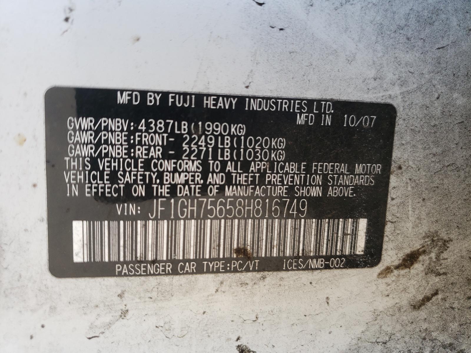 Zdjęcie 10 z aukcji – 2008 SUBARU IMPREZA WR z VIN JF1GH75658H816749