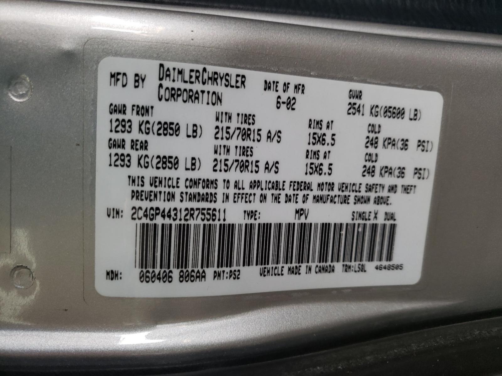 Photo 10 from auction – 2002 CHRYSLER TOWN & COU with VIN 2C4GP44312R755611