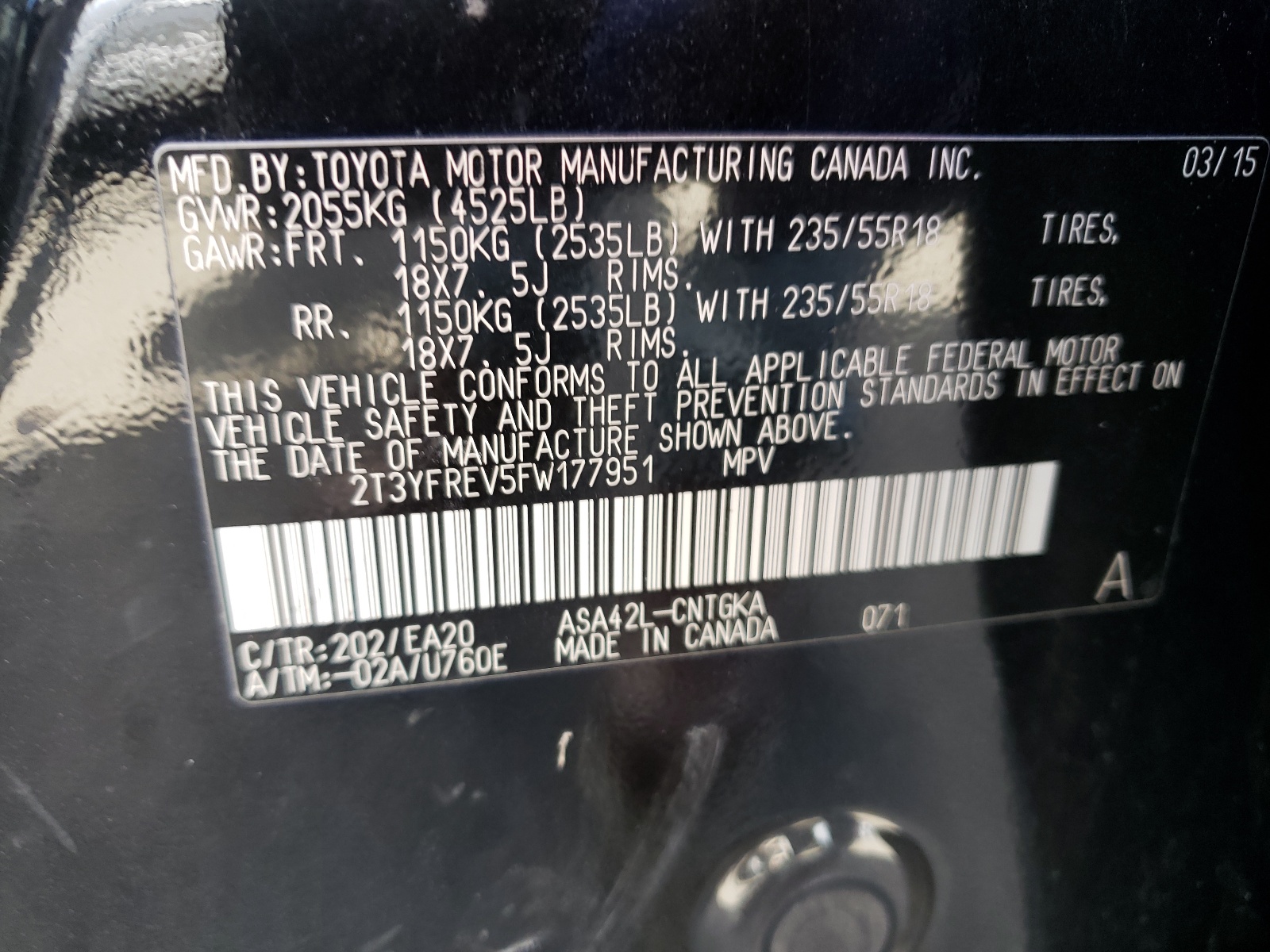 Photo 10 from auction – 2015 TOYOTA RAV4 LIMIT with VIN 2T3YFREV5FW177951