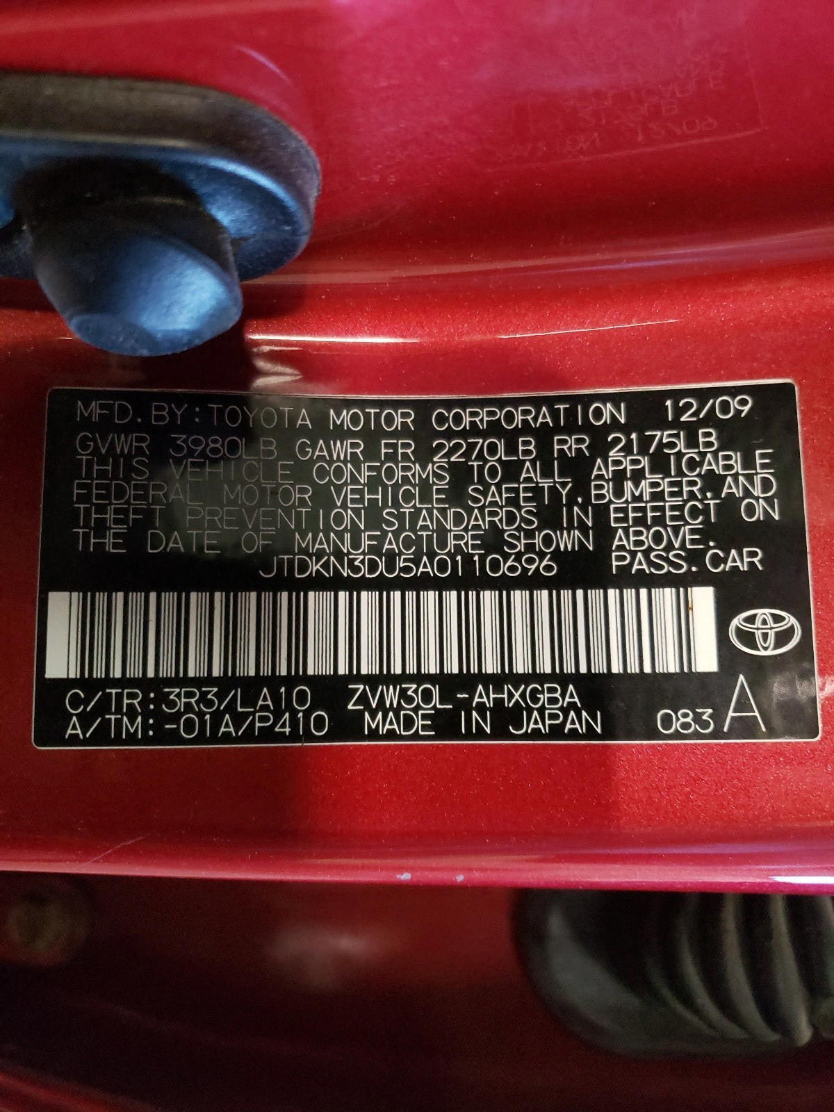 Photo 10 from auction – 2010 TOYOTA PRIUS with VIN JTDKN3DU5A0110696