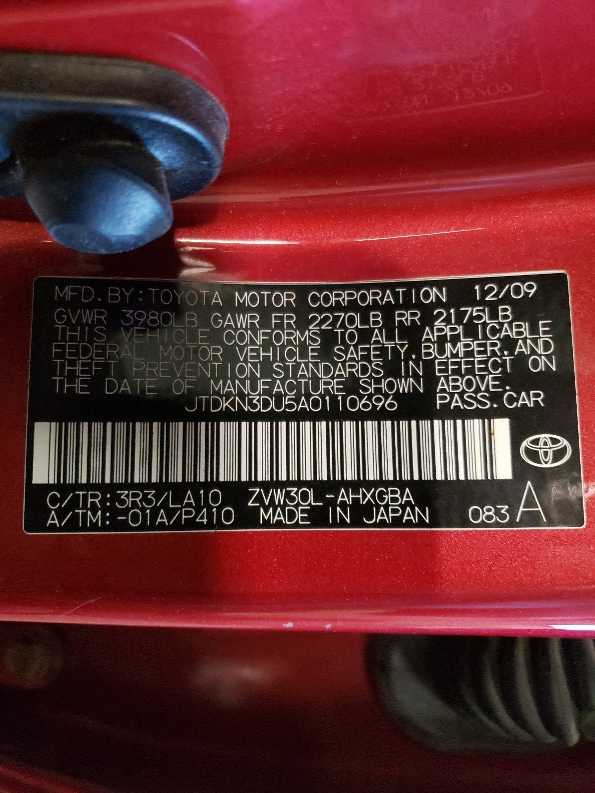 Zdjęcie 10 z aukcji – 2010 TOYOTA PRIUS z VIN JTDKN3DU5A0110696