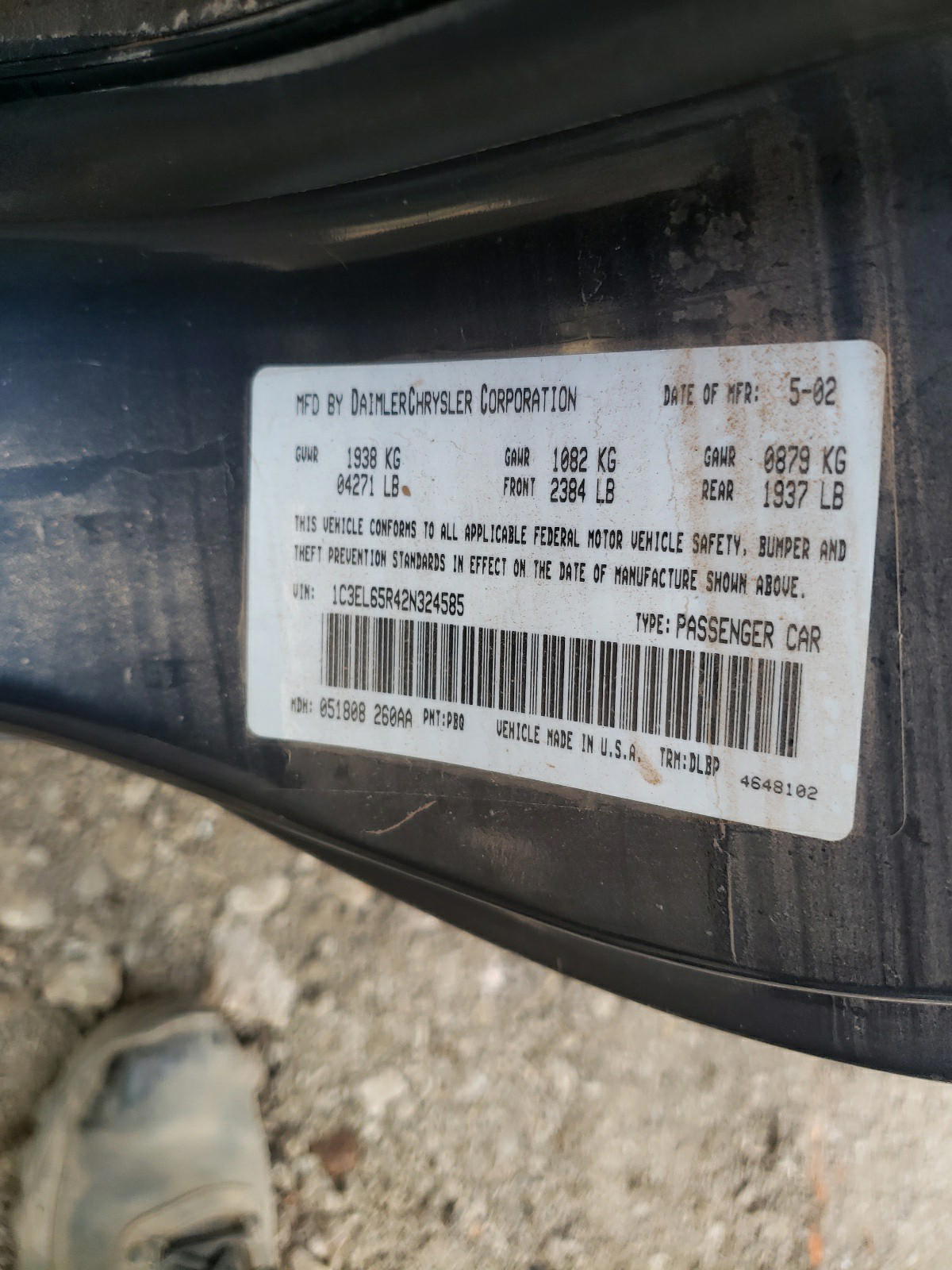 Photo 10 from auction – 2002 CHRYSLER SEBRING LI with VIN 1C3EL65R42N324585