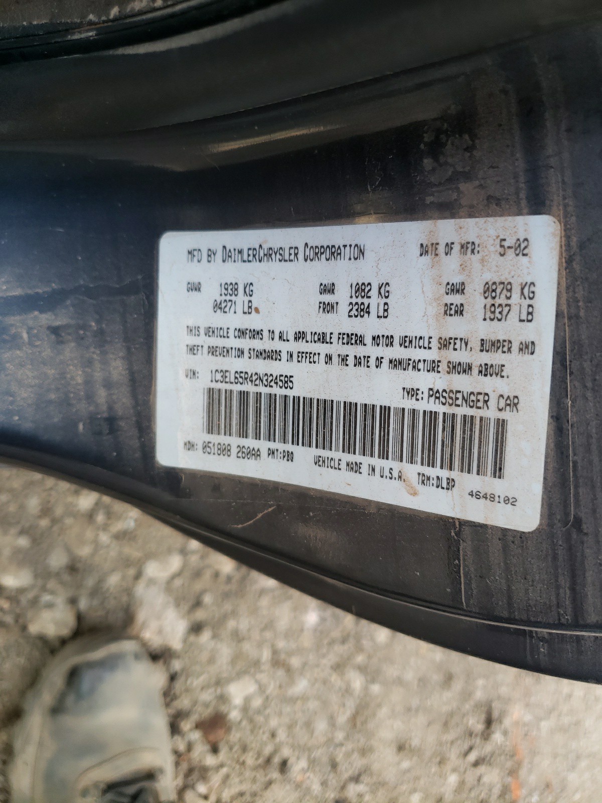 Zdjęcie 10 z aukcji – 2002 CHRYSLER SEBRING LI z VIN 1C3EL65R42N324585