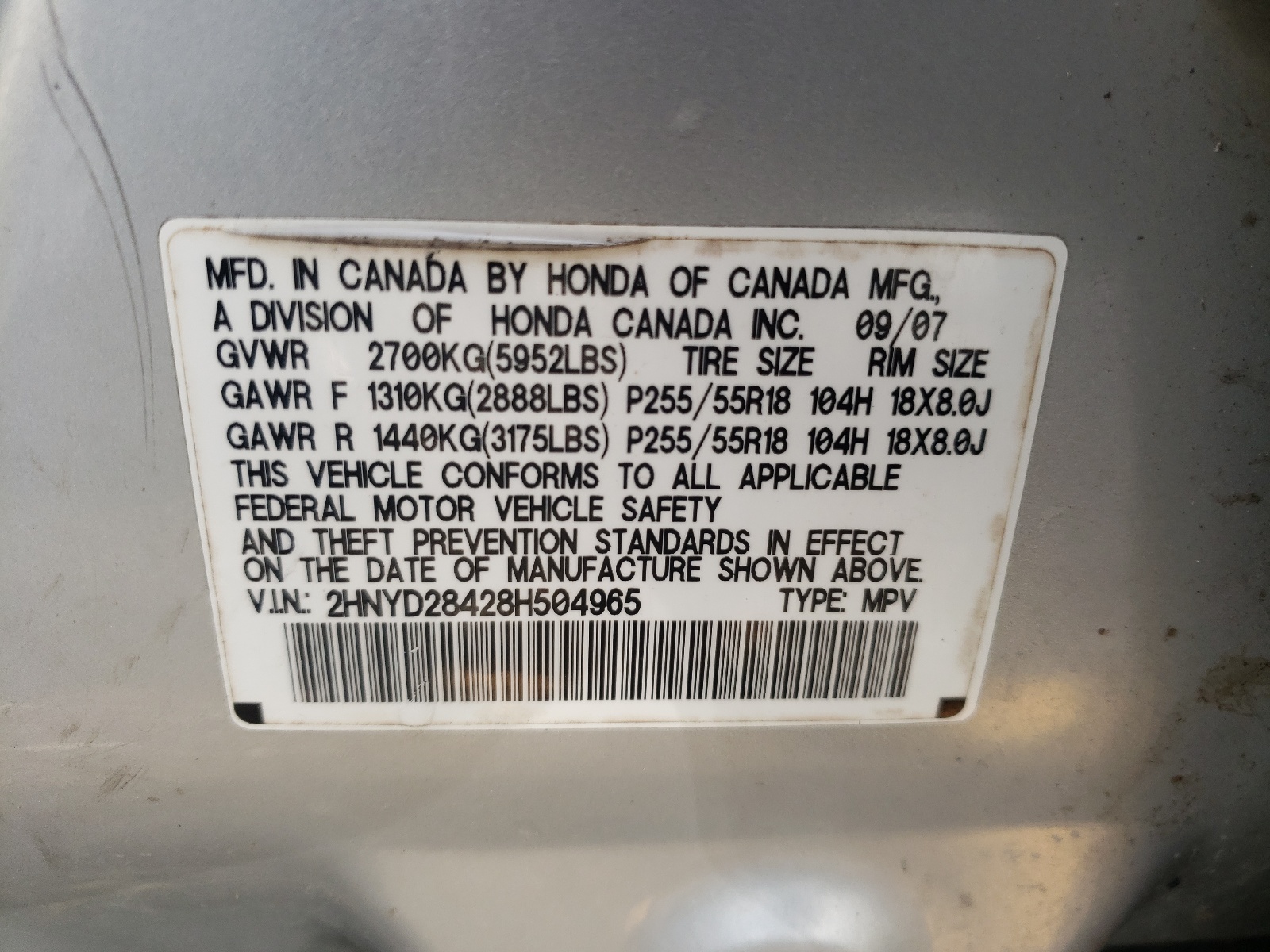 Photo 10 from auction – 2008 ACURA MDX TECHNO with VIN 2HNYD28428H504965