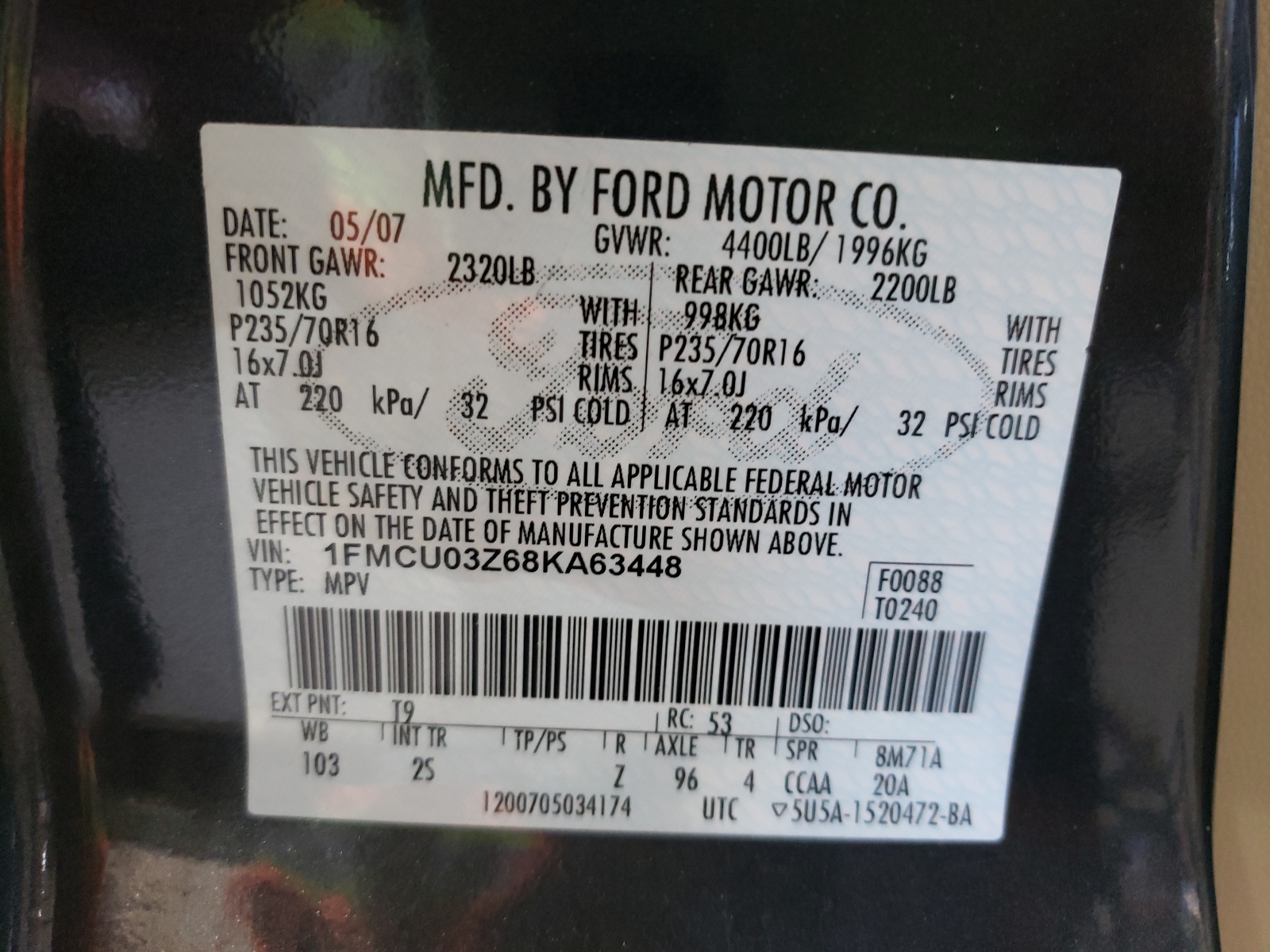 Photo 10 from auction – 2008 FORD ESCAPE XLT with VIN 1FMCU03Z68KA63448