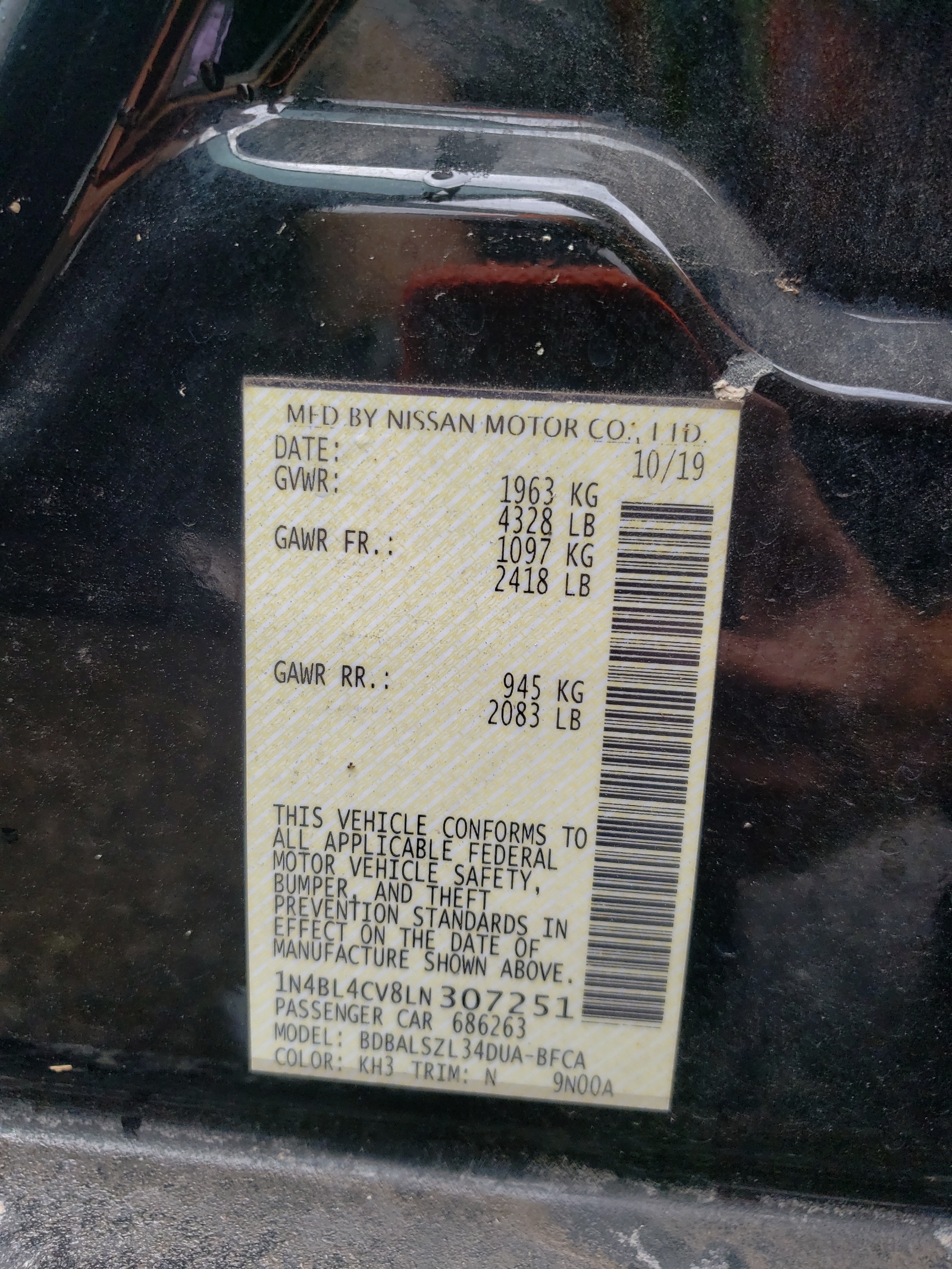 Photo 10 from auction – 2020 NISSAN ALTIMA SR with VIN 1N4BL4CV8LN307251