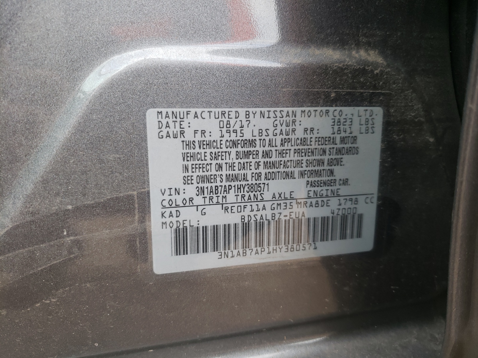 Photo 10 from auction – 2017 NISSAN SENTRA S with VIN 3N1AB7AP1HY380571