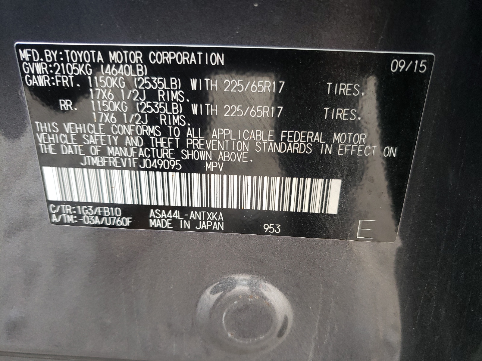 Photo 10 from auction – 2015 TOYOTA RAV4 LE with VIN JTMBFREV1FJ049095