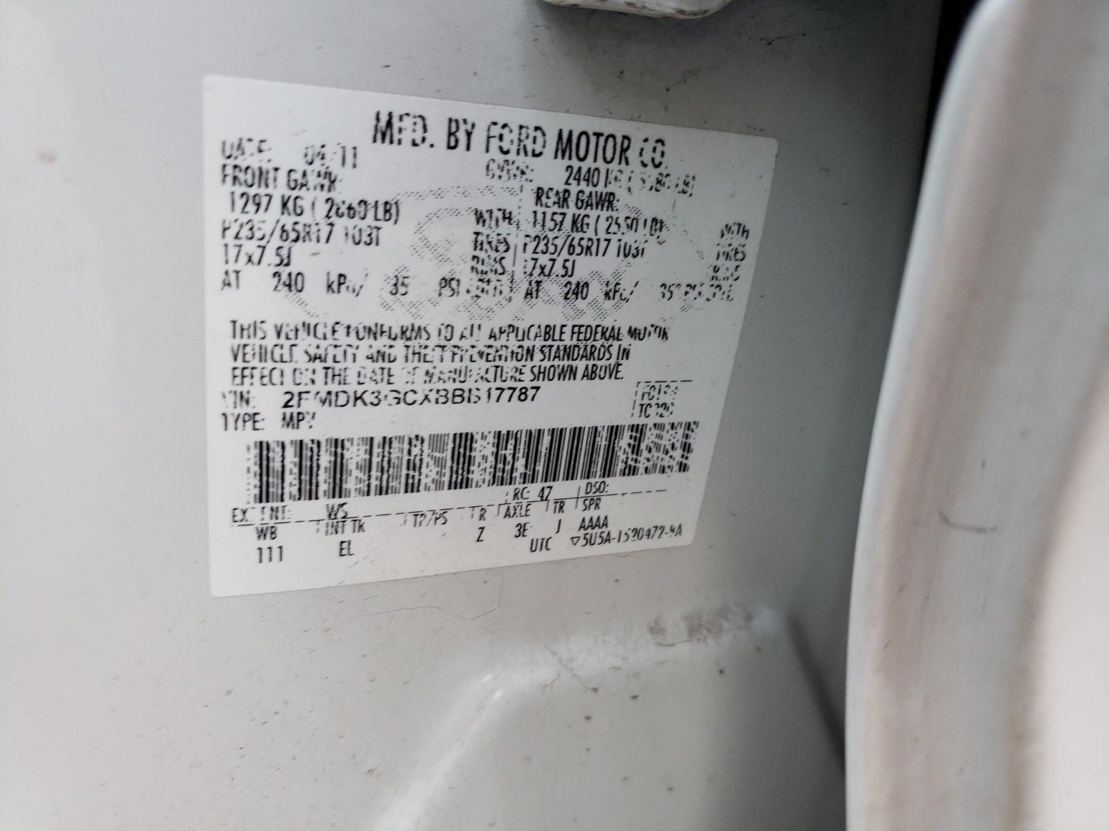 Photo 10 from auction – 2011 FORD EDGE SE with VIN 2FMDK3GCXBBB17787