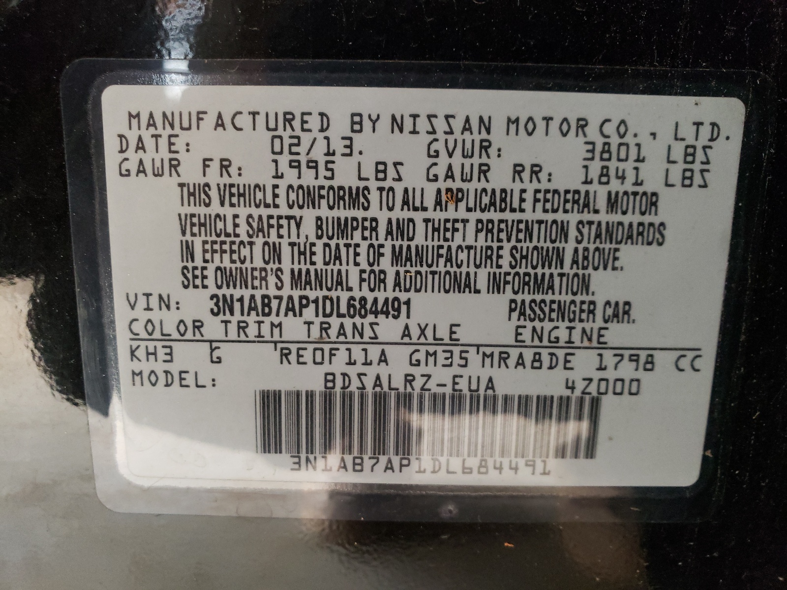 Photo 10 from auction – 2013 NISSAN SENTRA S with VIN 3N1AB7AP1DL684491