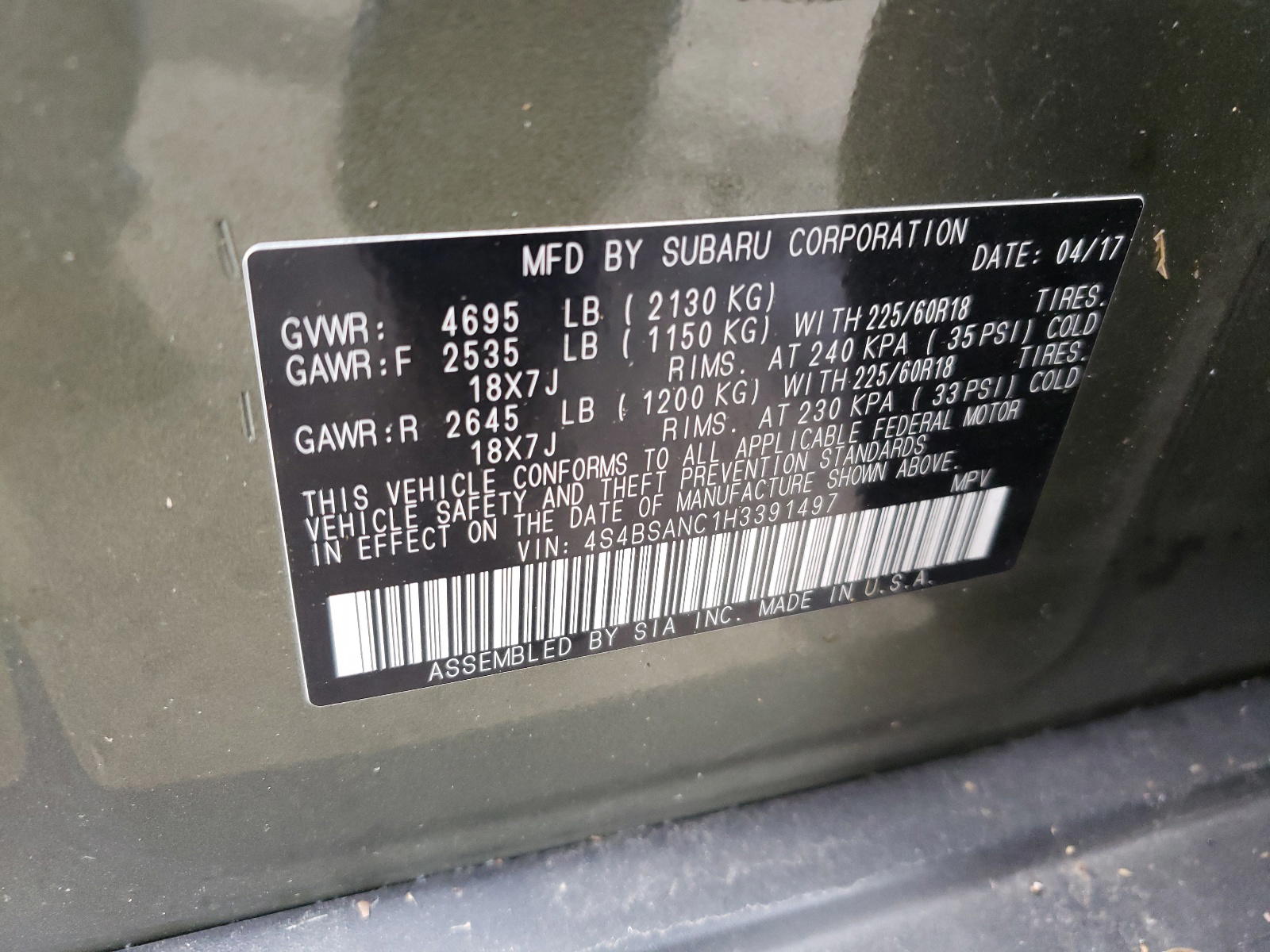 Photo 10 from auction – 2017 SUBARU OUTBACK 2. with VIN 4S4BSANC1H3391497