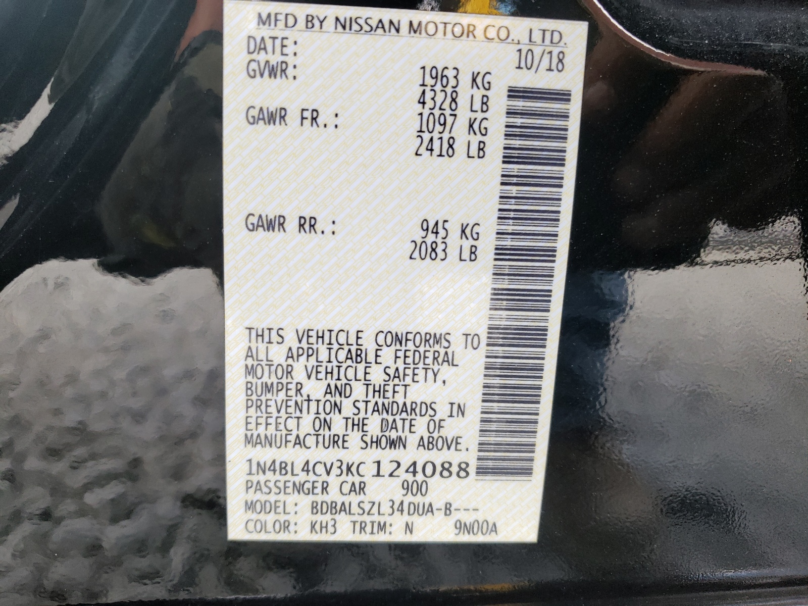 Photo 10 from auction – 2019 NISSAN ALTIMA SR with VIN 1N4BL4CV3KC124088