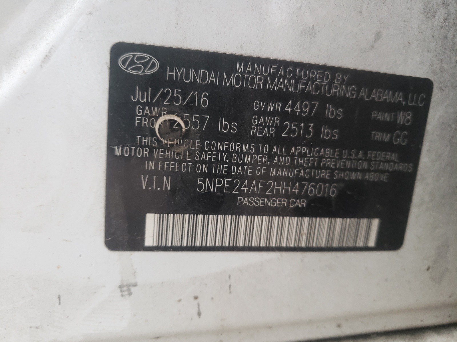 Photo 10 from auction – 2017 HYUNDAI SONATA SE with VIN 5NPE24AF2HH476016
