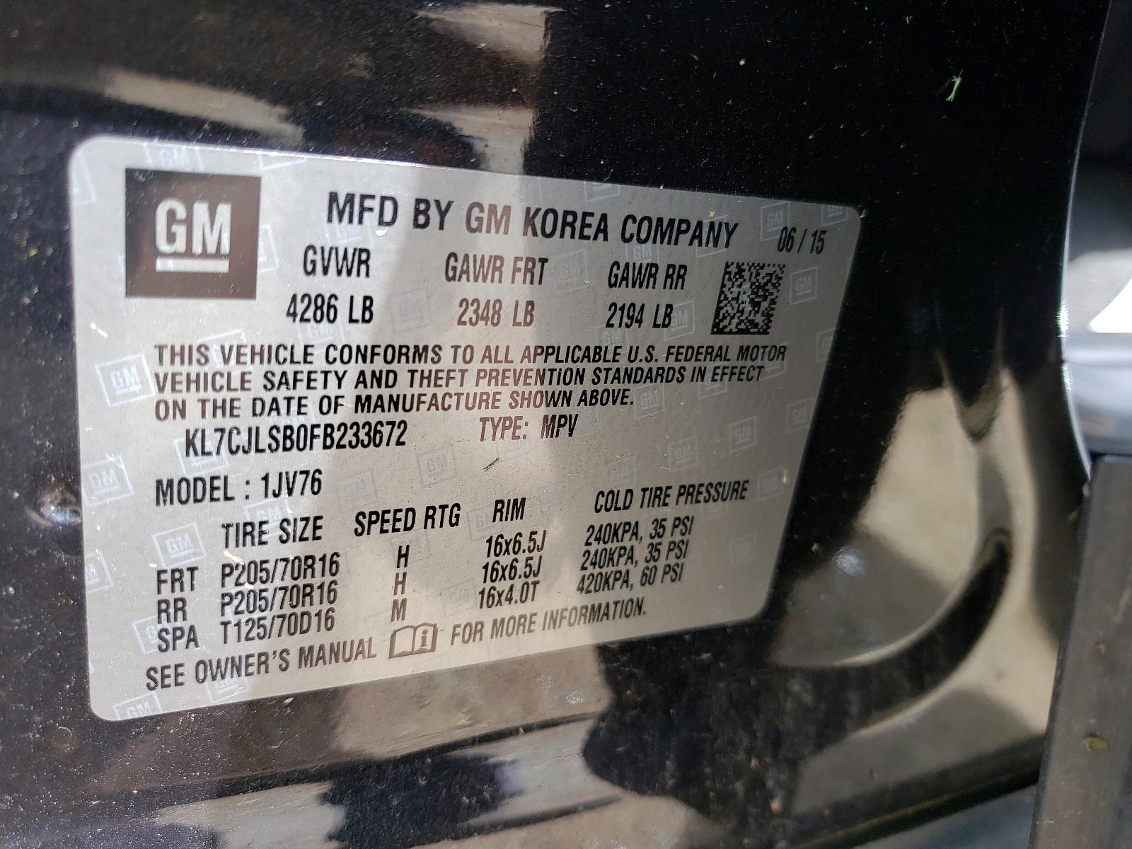 Photo 10 from auction – 2015 CHEVROLET TRAX 1LT with VIN KL7CJLSB0FB233672