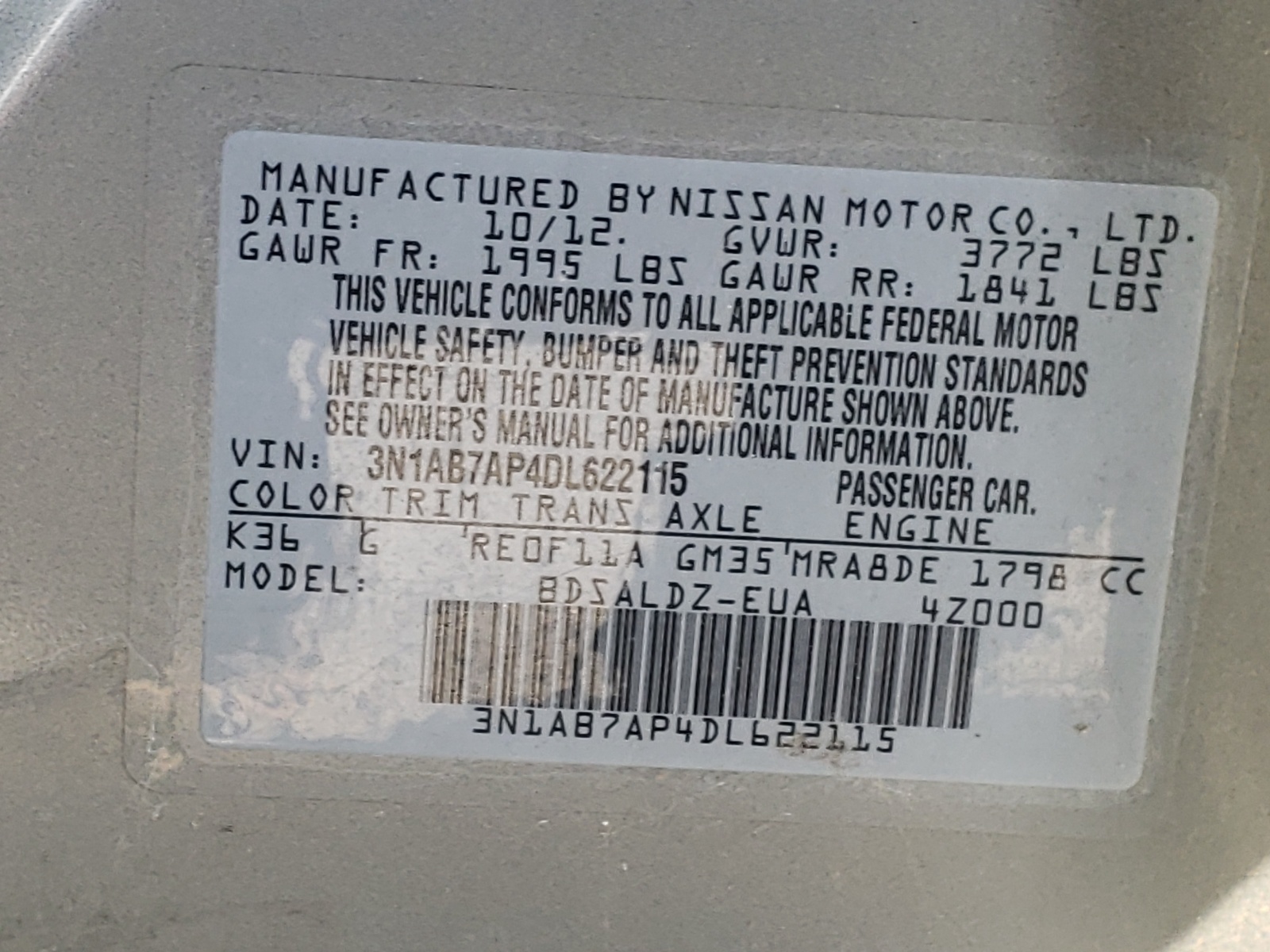 Photo 10 from auction – 2013 NISSAN SENTRA S with VIN 3N1AB7AP4DL622115
