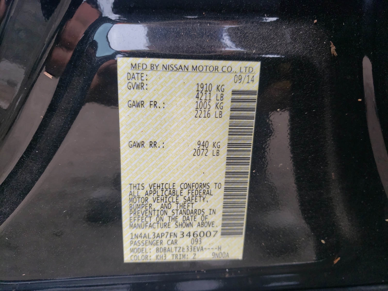 Photo 10 from auction – 2015 NISSAN ALTIMA 2.5 with VIN 1N4AL3AP7FN346007