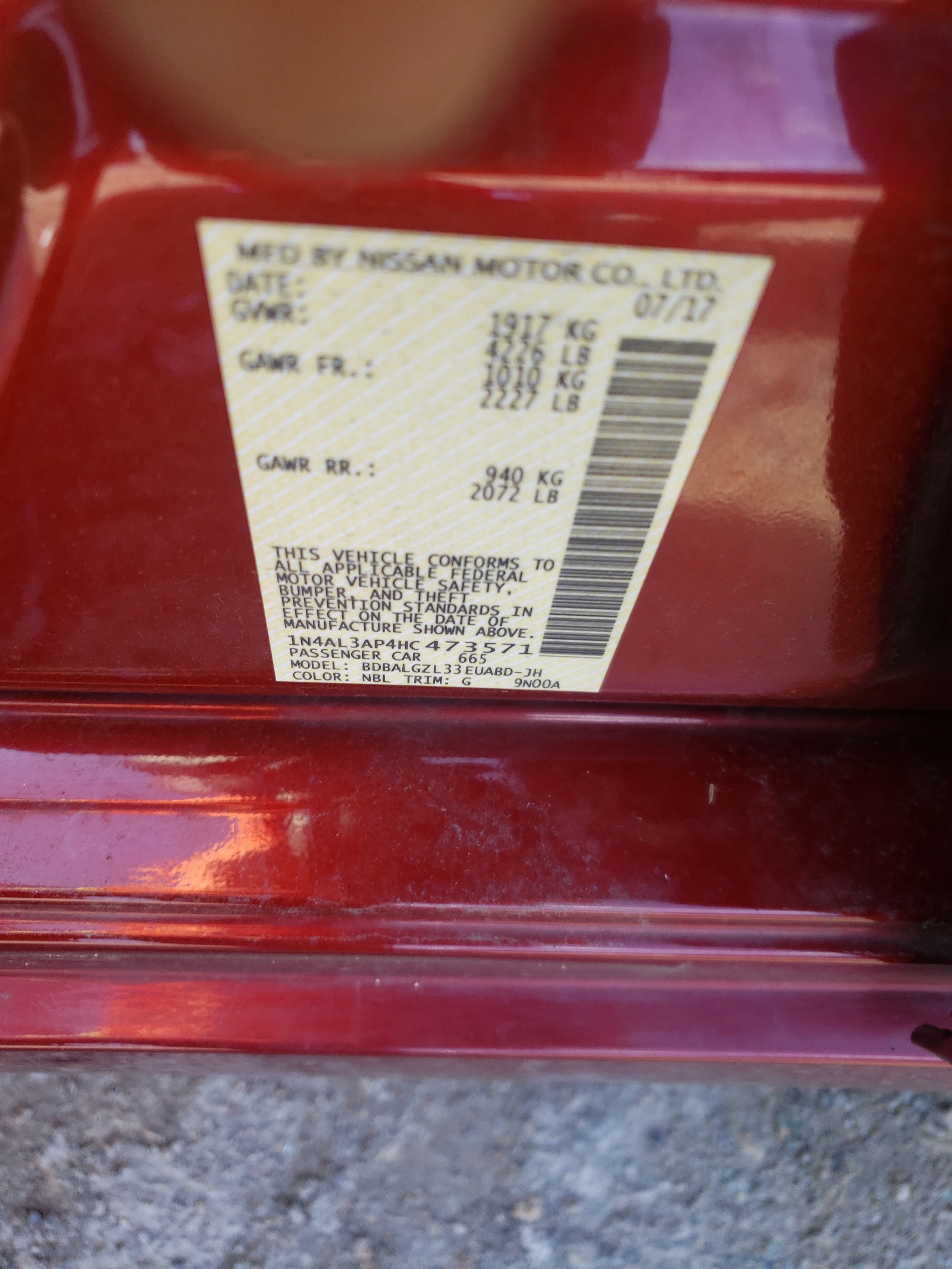 Photo 10 from auction – 2017 NISSAN ALTIMA 2.5 with VIN 1N4AL3AP4HC473571